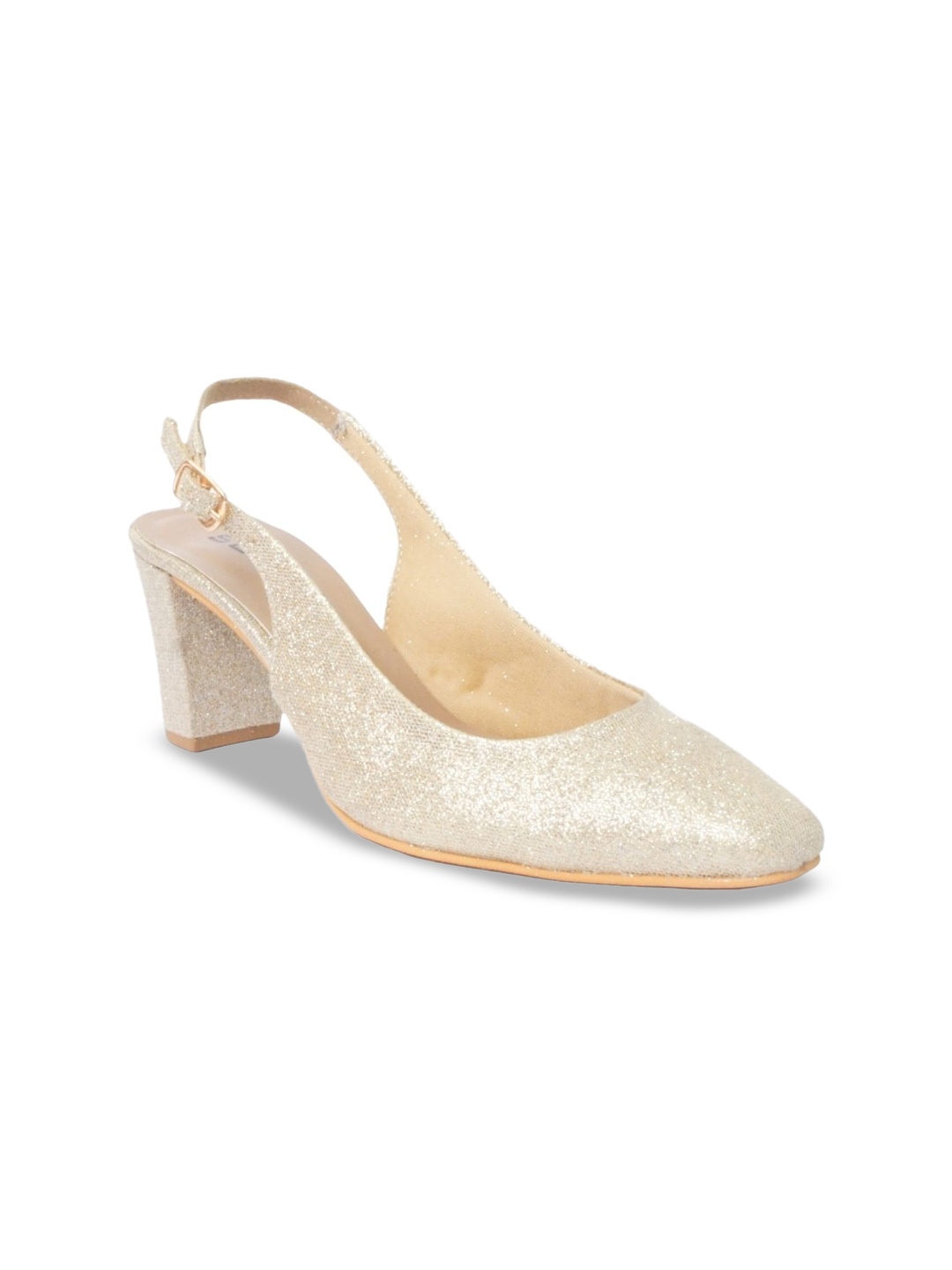 

SOLES Embellished Pointed Toe Block Pumps With Backstrap, Gold