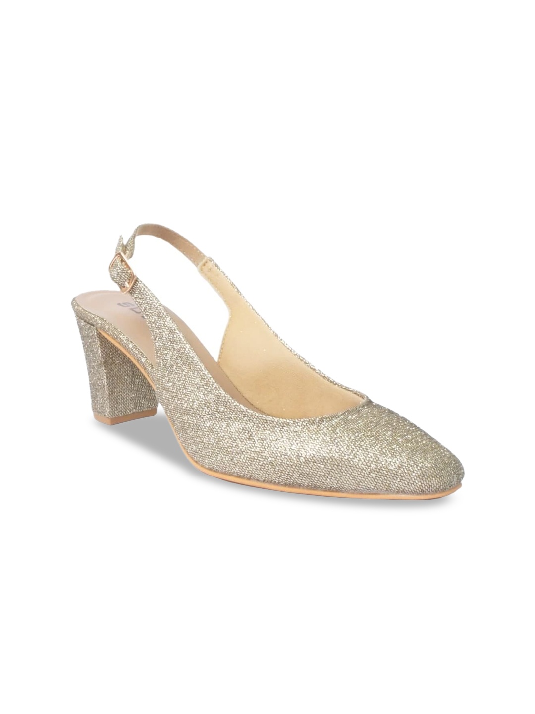 

SOLES Embellished Pointed Toe Block Pumps With Backstrap, Champagne