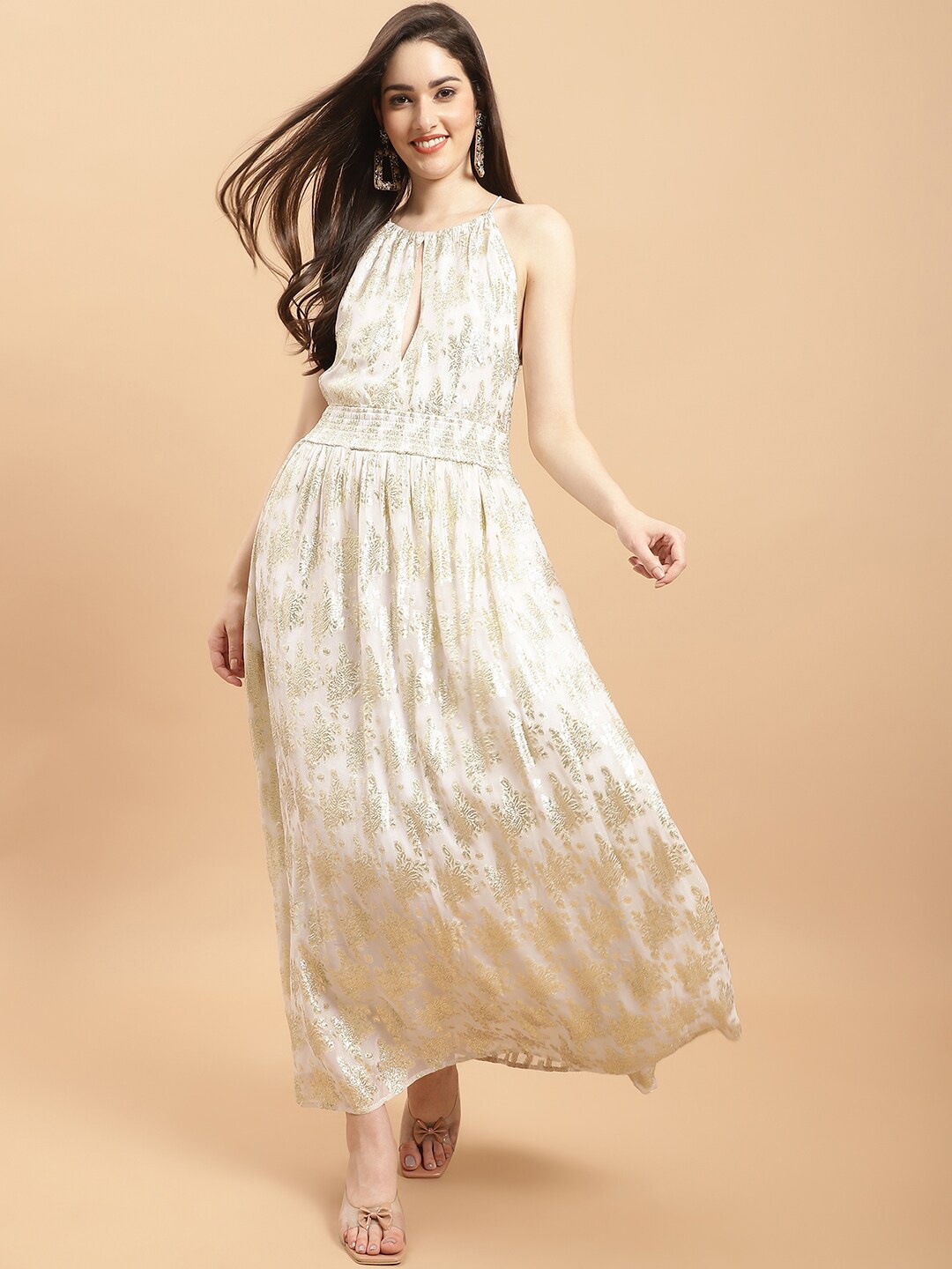 

Purple State Self Design Smocked Maxi Dress, White