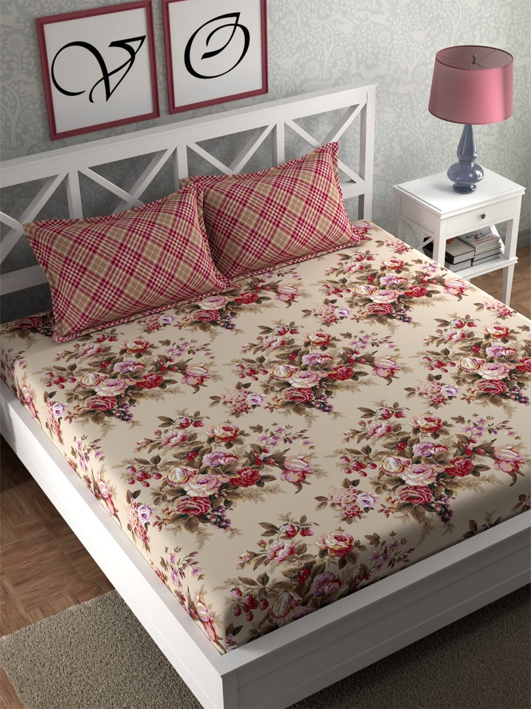 

CHHAVI INDIA Cream-Coloured & Pink Floral 210 TC King Bedsheet with 2 Pillow Covers