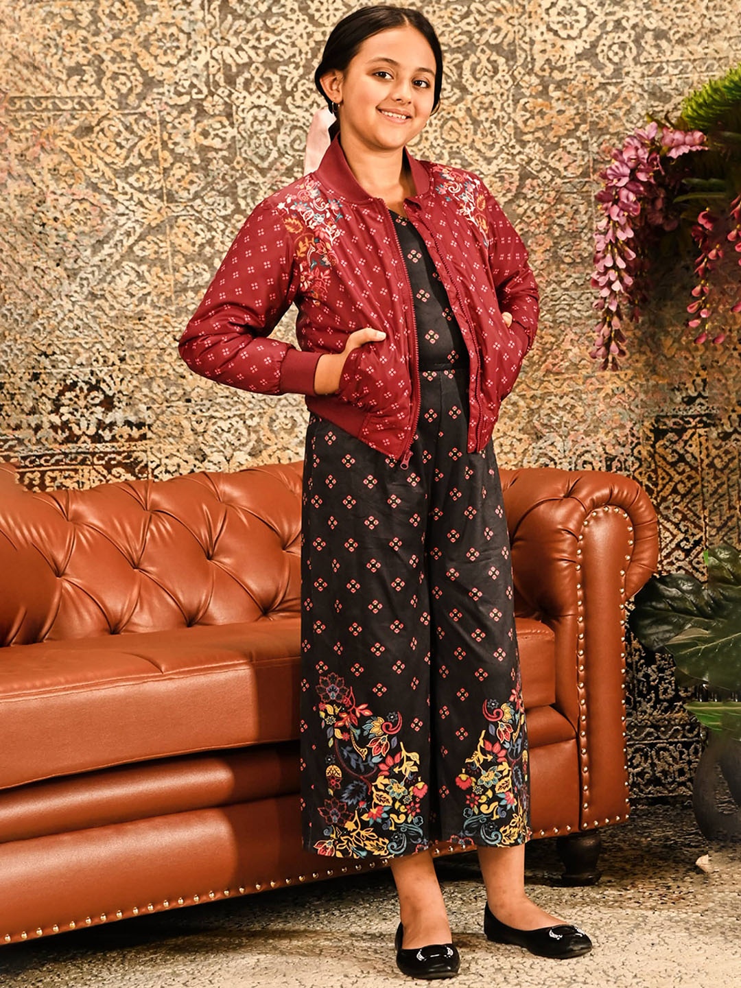 

Global Desi Girls Floral Printed Stand Collar Bomber Jacket, Maroon