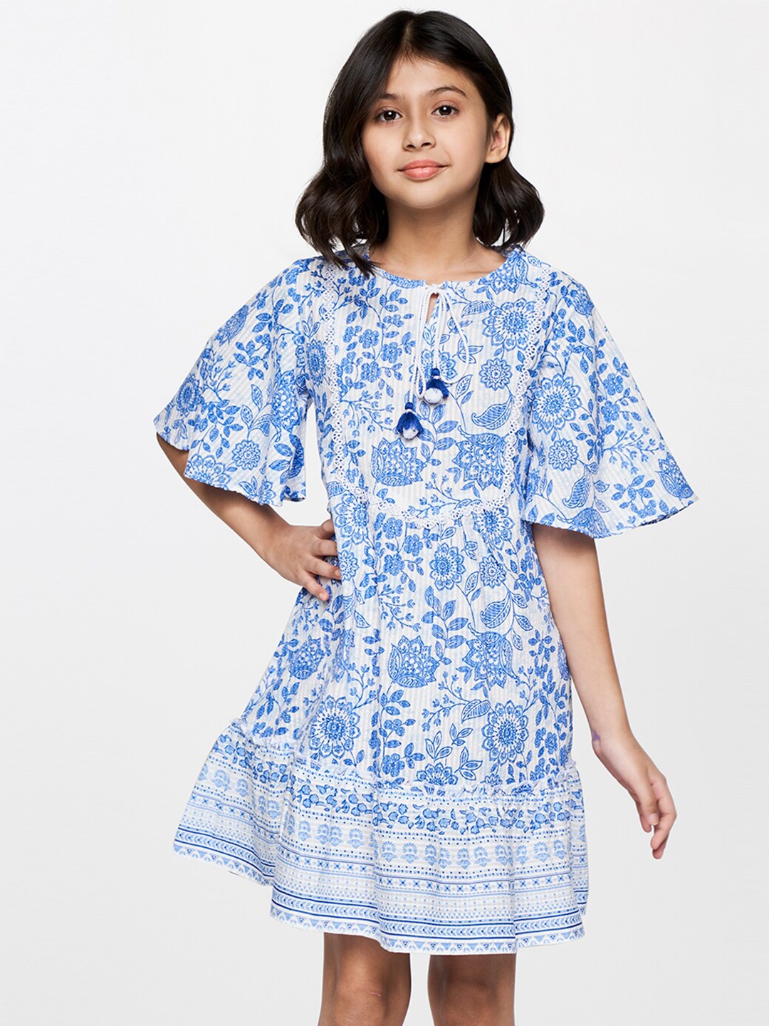 

Global Desi Girls Floral Printed Tie-Up Neck Flared Sleeve A-Line Dress, Blue