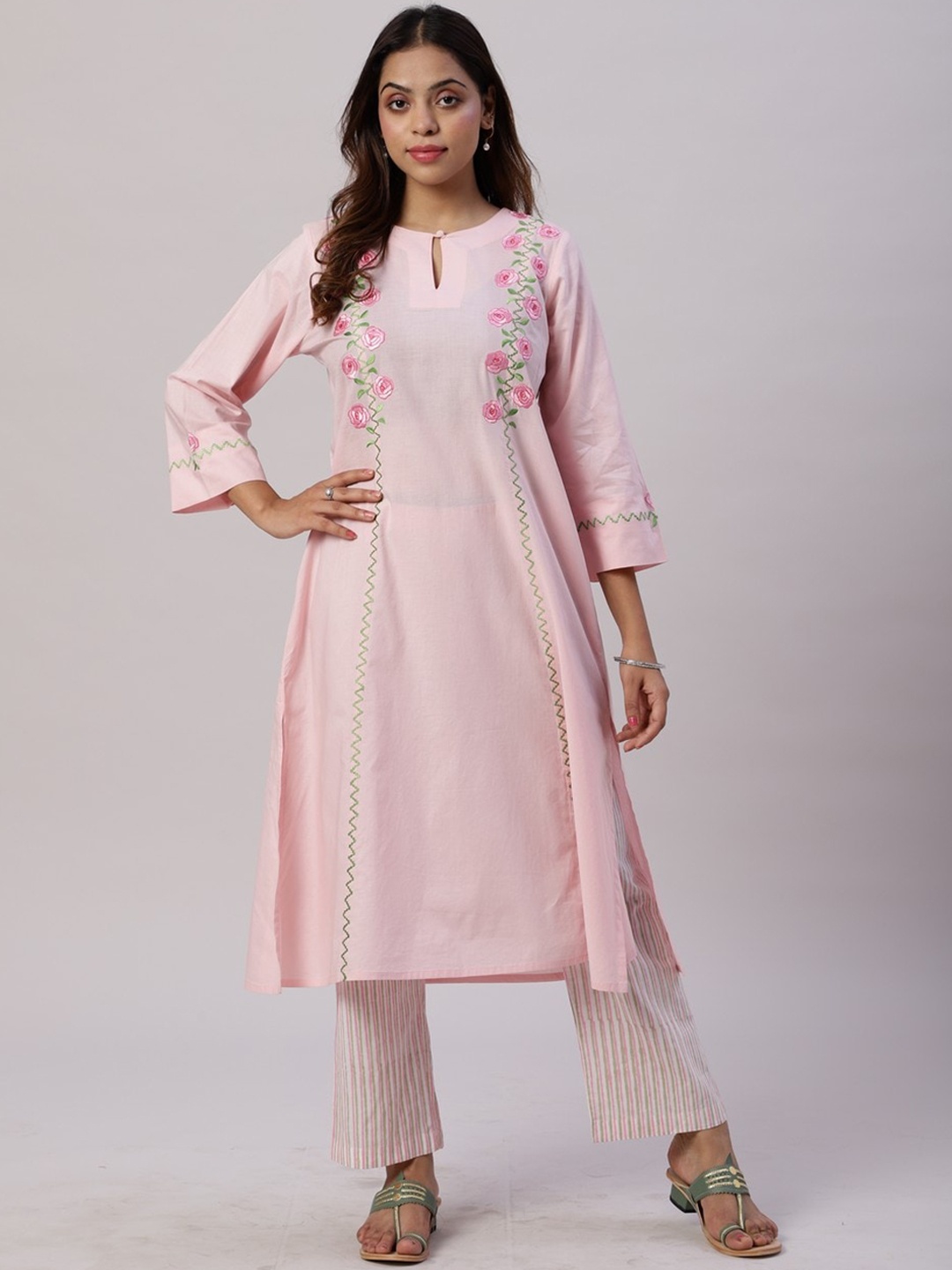 

Spring Soul Floral Embroidered Pure Cotton Kurta with Trousers, Pink