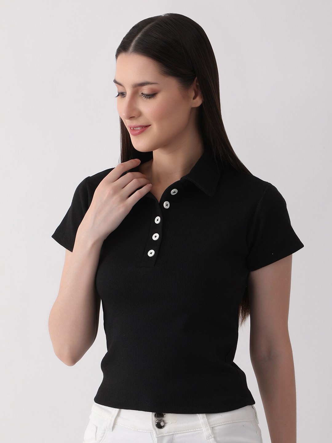 

DKGF FASHION Ribbed Fitted Shirt Style Top, Black