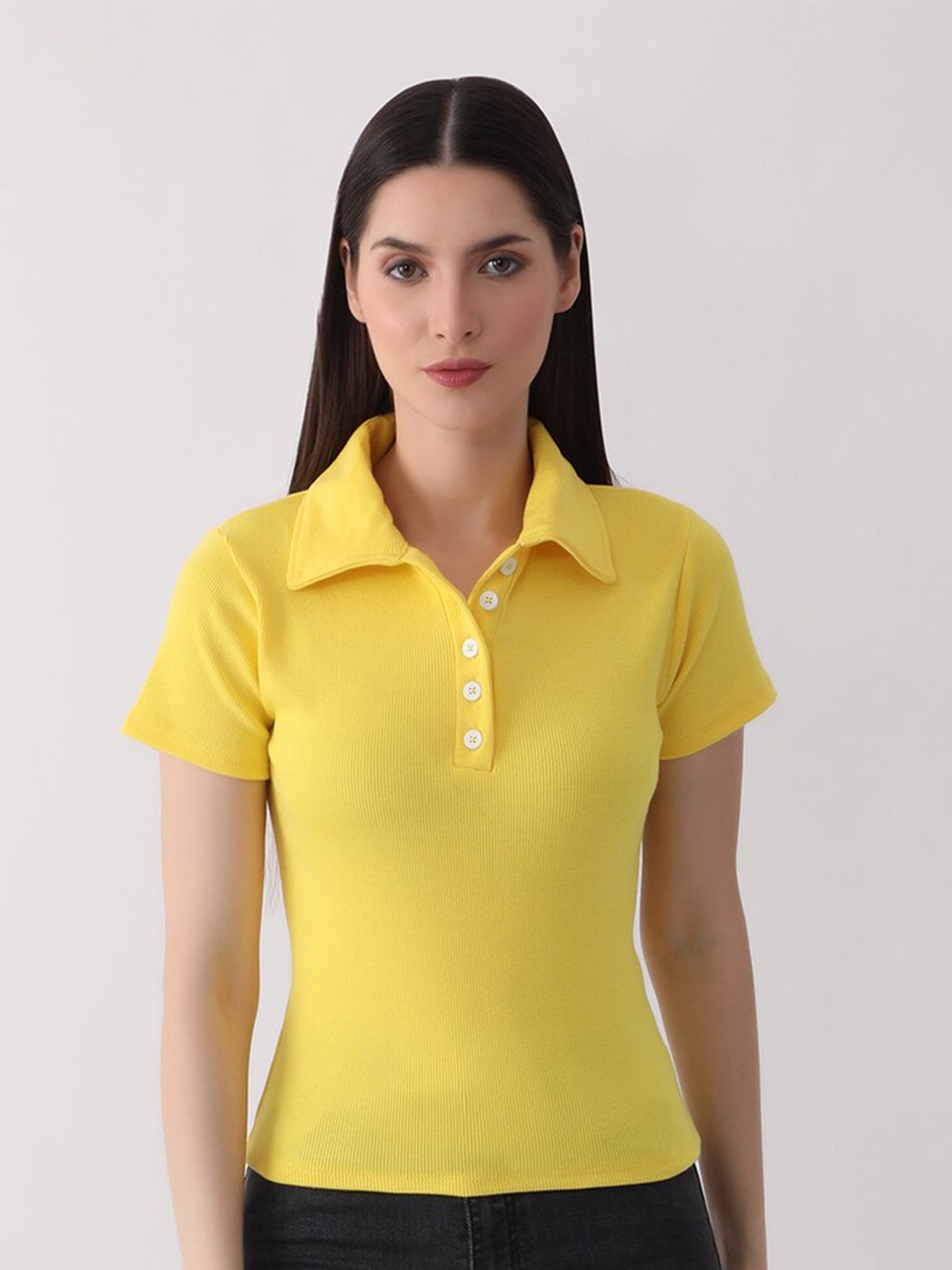 

DKGF FASHION Women Solid Polo Collar T-Shirt, Yellow