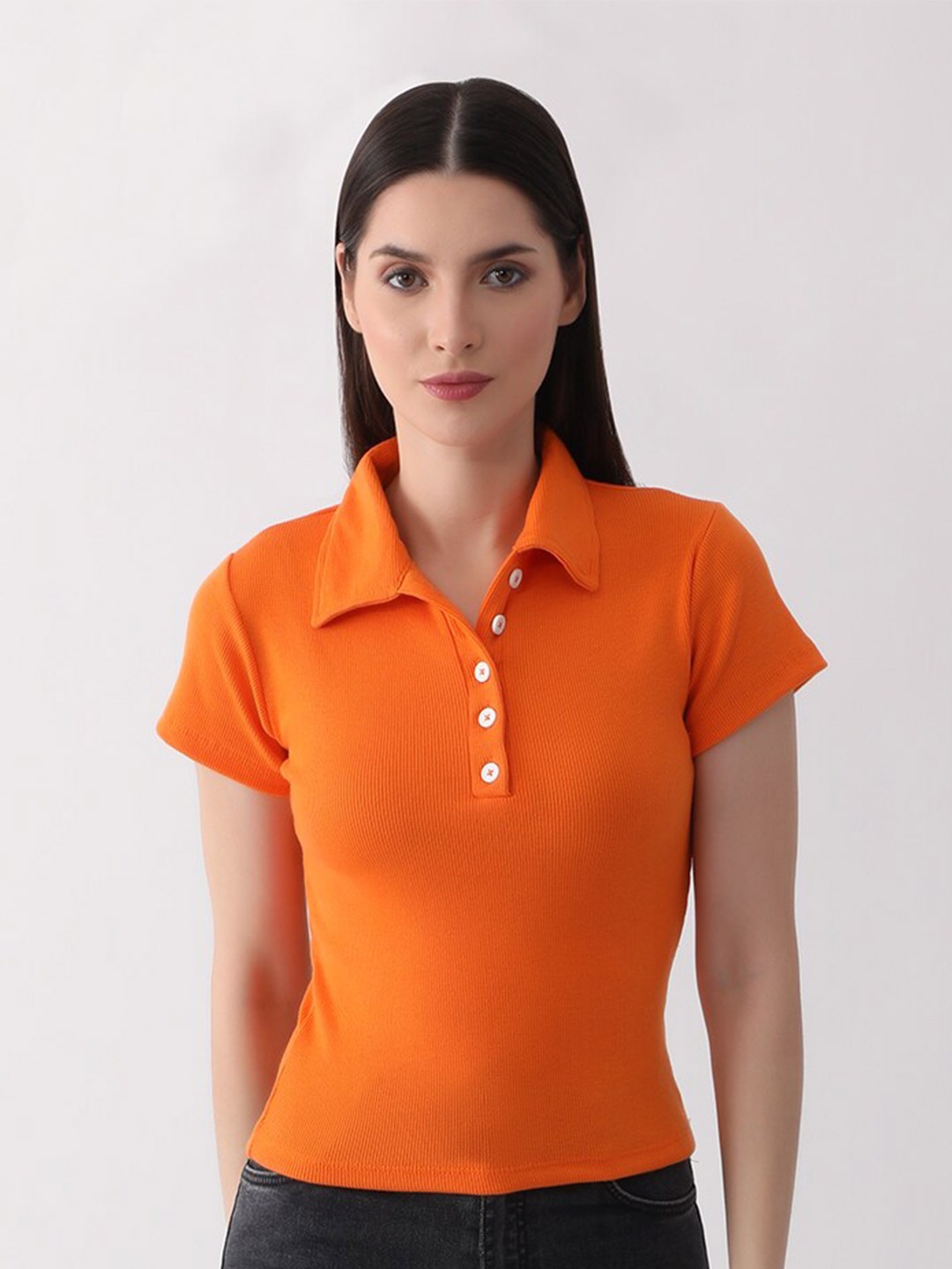 

DKGF FASHION Shirt Collar Short Sleeves Shirt Style Top, Orange
