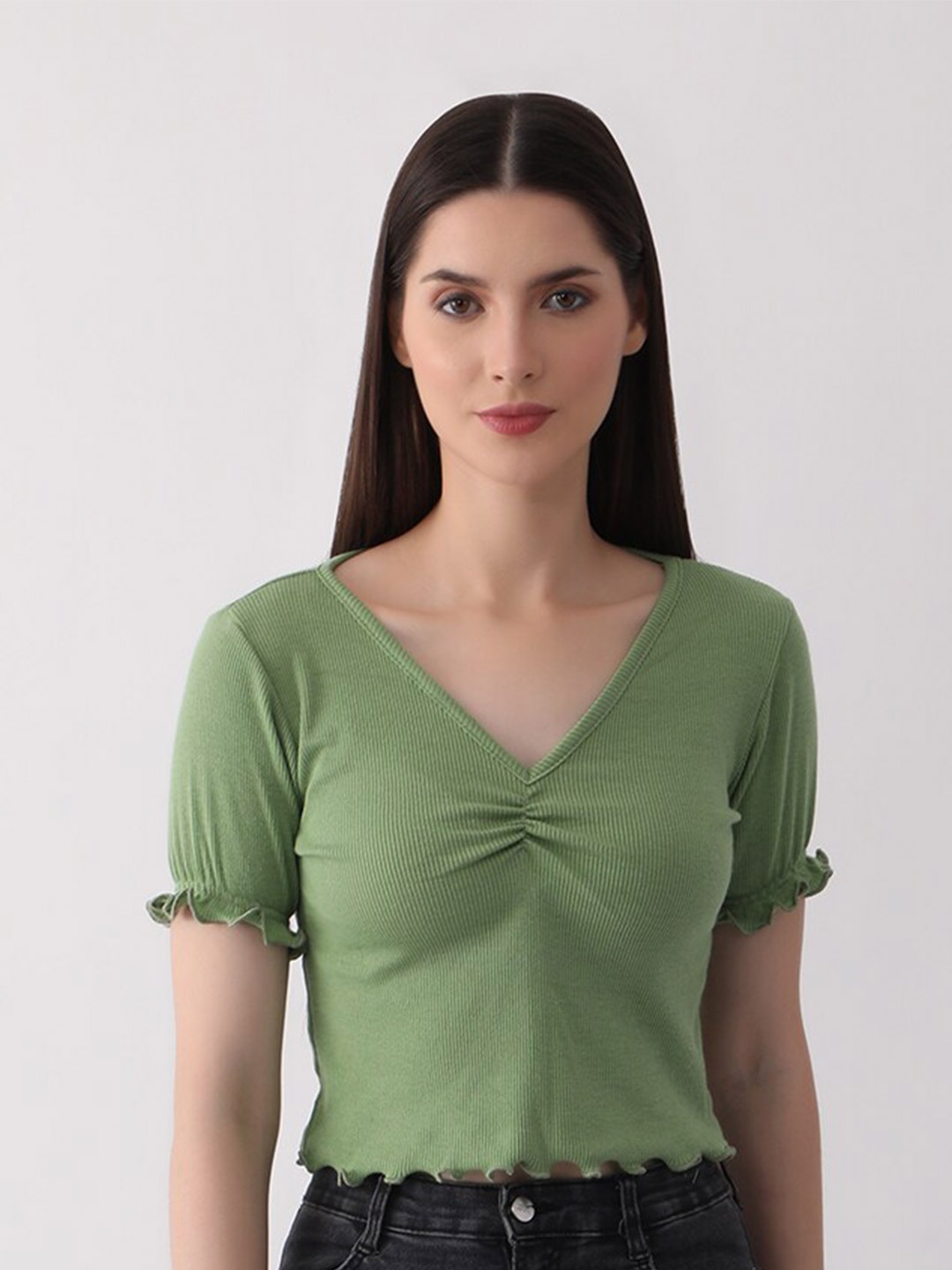 

DKGF FASHION V-Neck Short Sleeves Top, Green