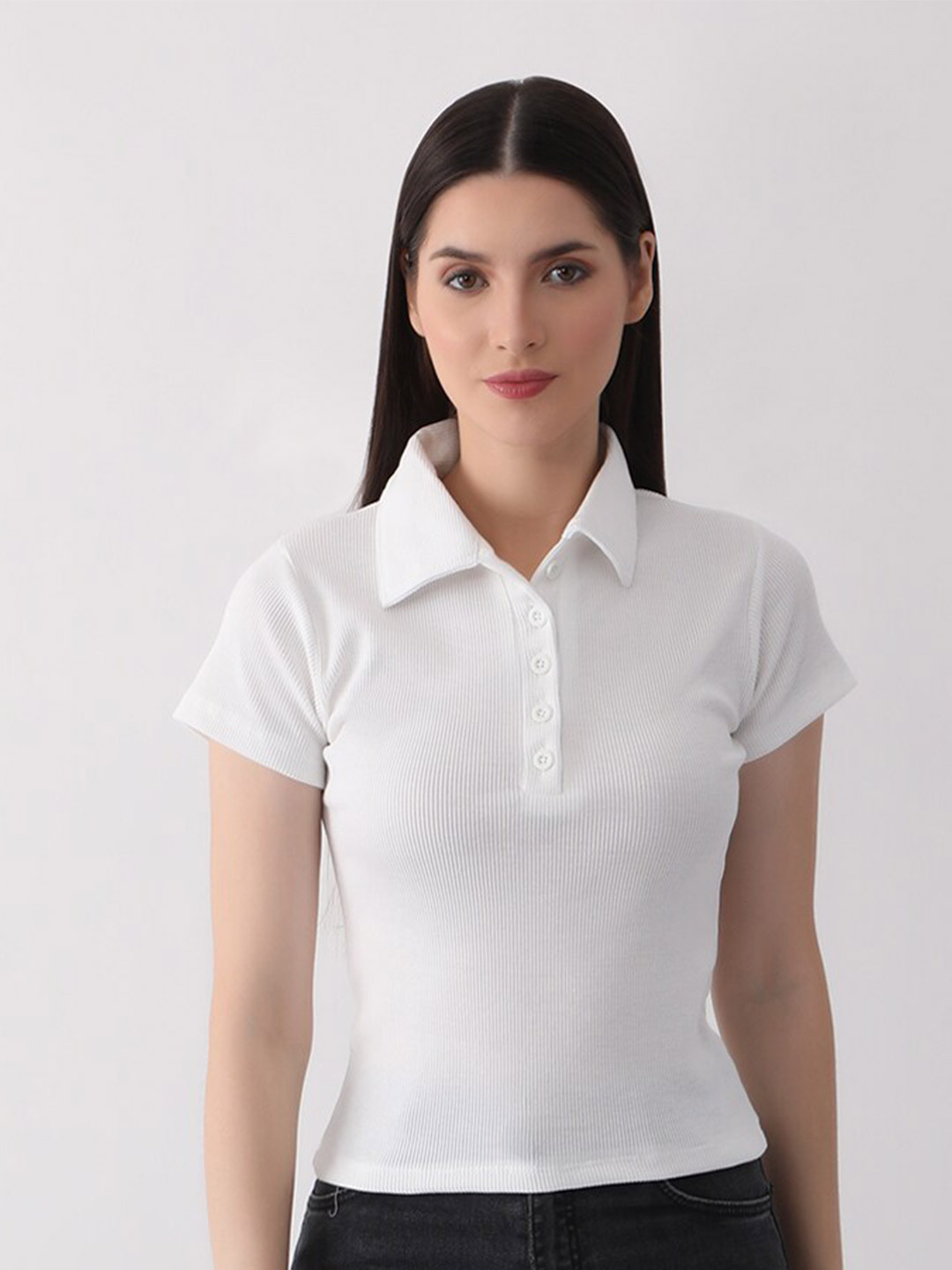 

DKGF FASHION Shirt Collar Short Sleeves Shirt Style Top, White