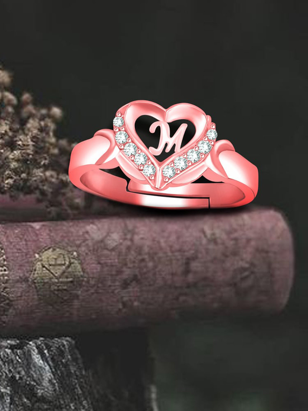 

MEENAZ Rose Gold-Plated AD Studded Alphabet M Adjustable Ring