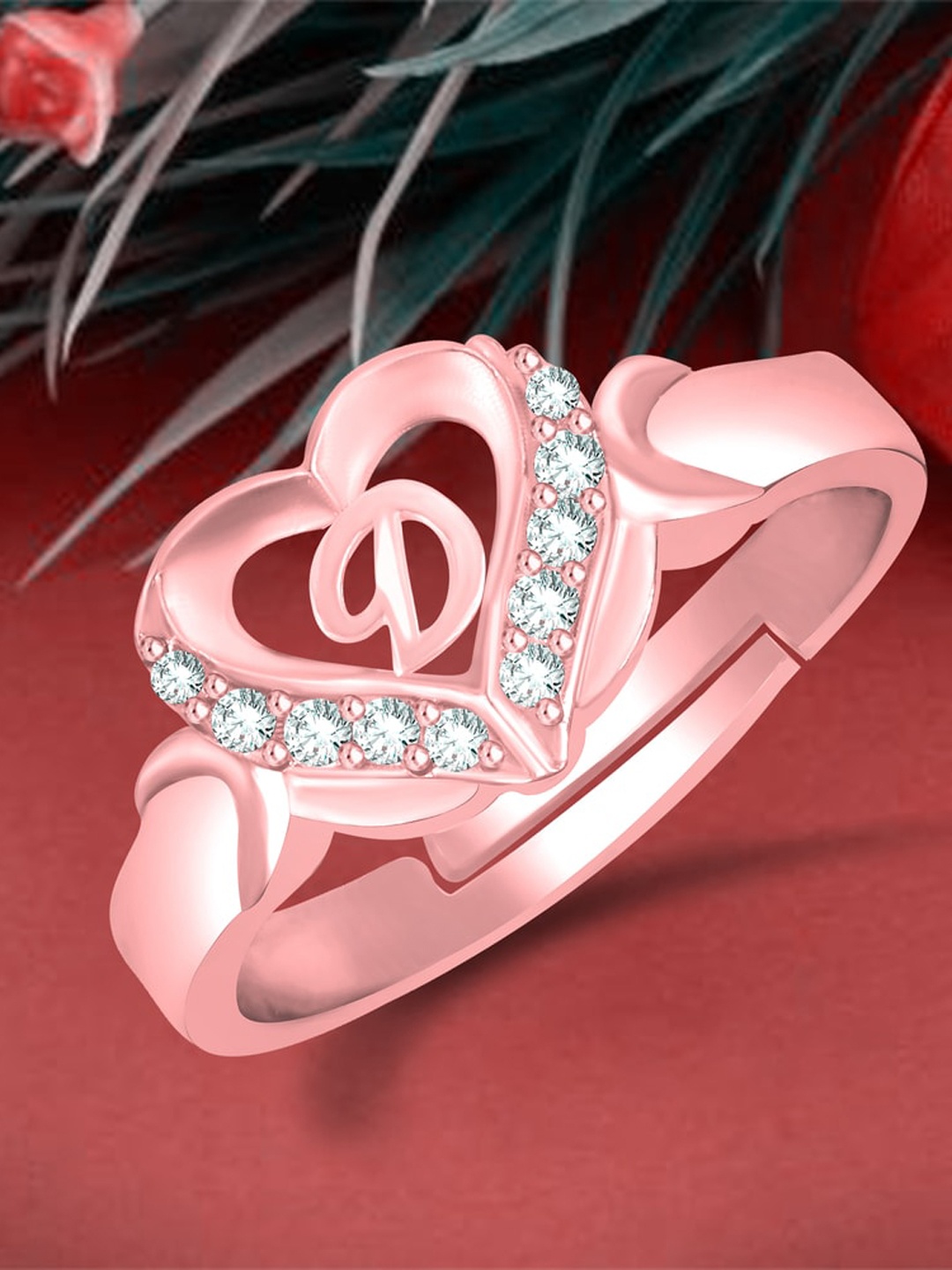 

MEENAZ Rose Gold-Plated American Diamond Studded Alphabet D Adjustable Ring