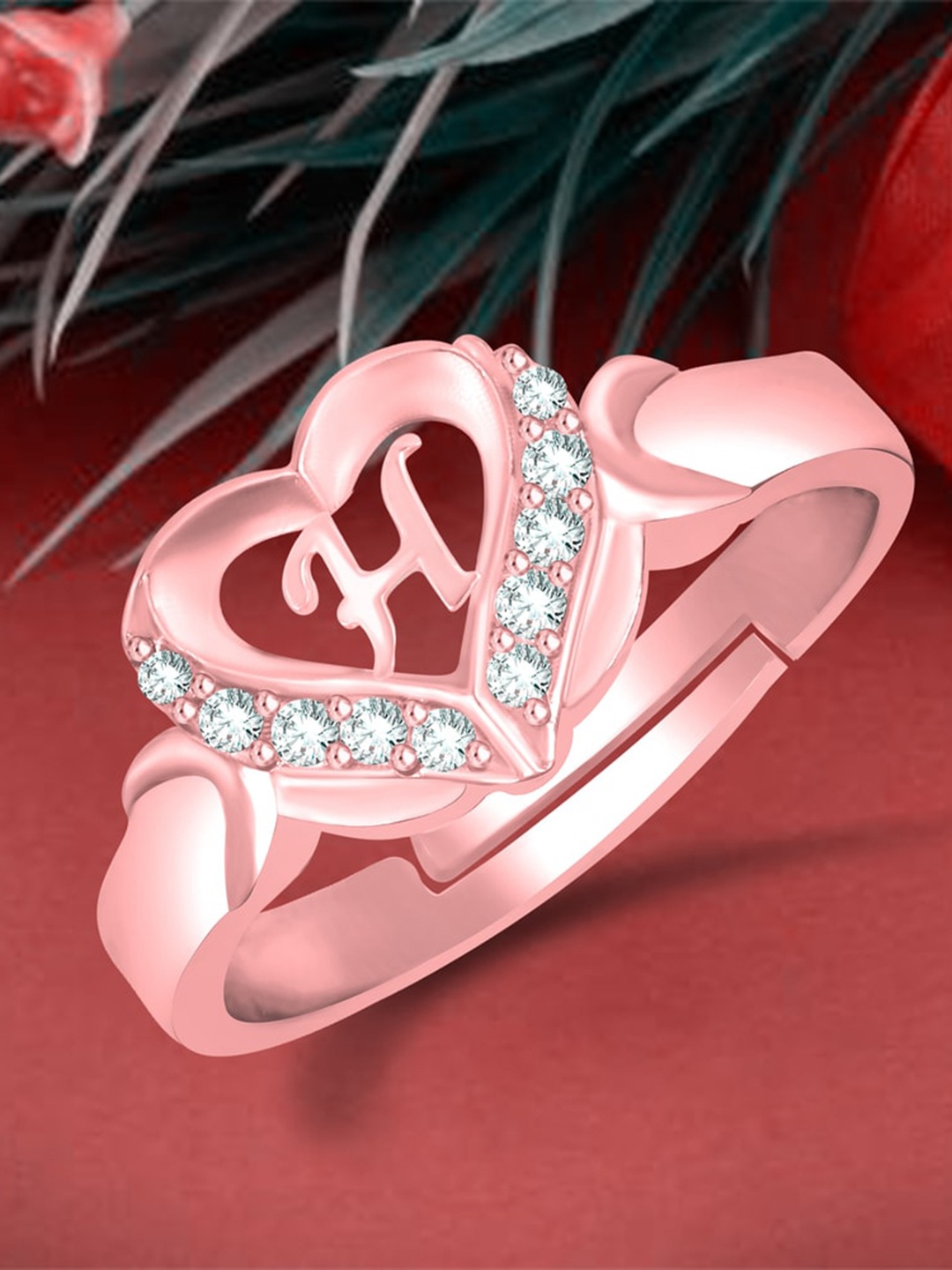 

MEENAZ Rose Gold-Plated American Diamond Studded Alphabet H Adjustable Ring