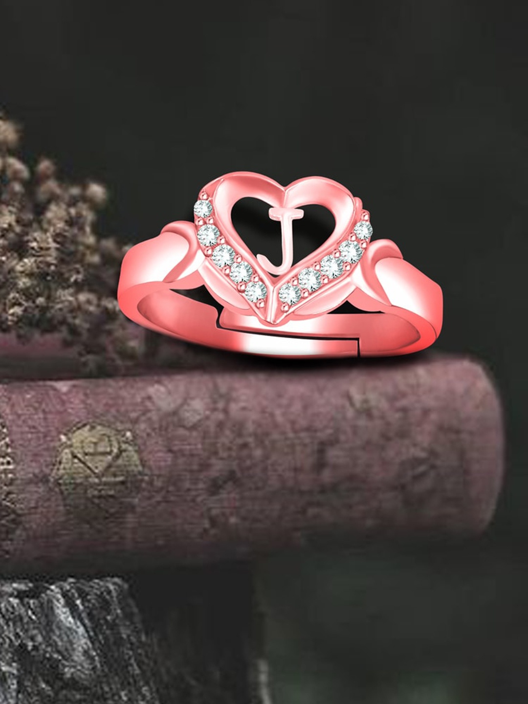 

MEENAZ Rose Gold-Plated American Diamond Studded Alphabet J Adjustable Ring