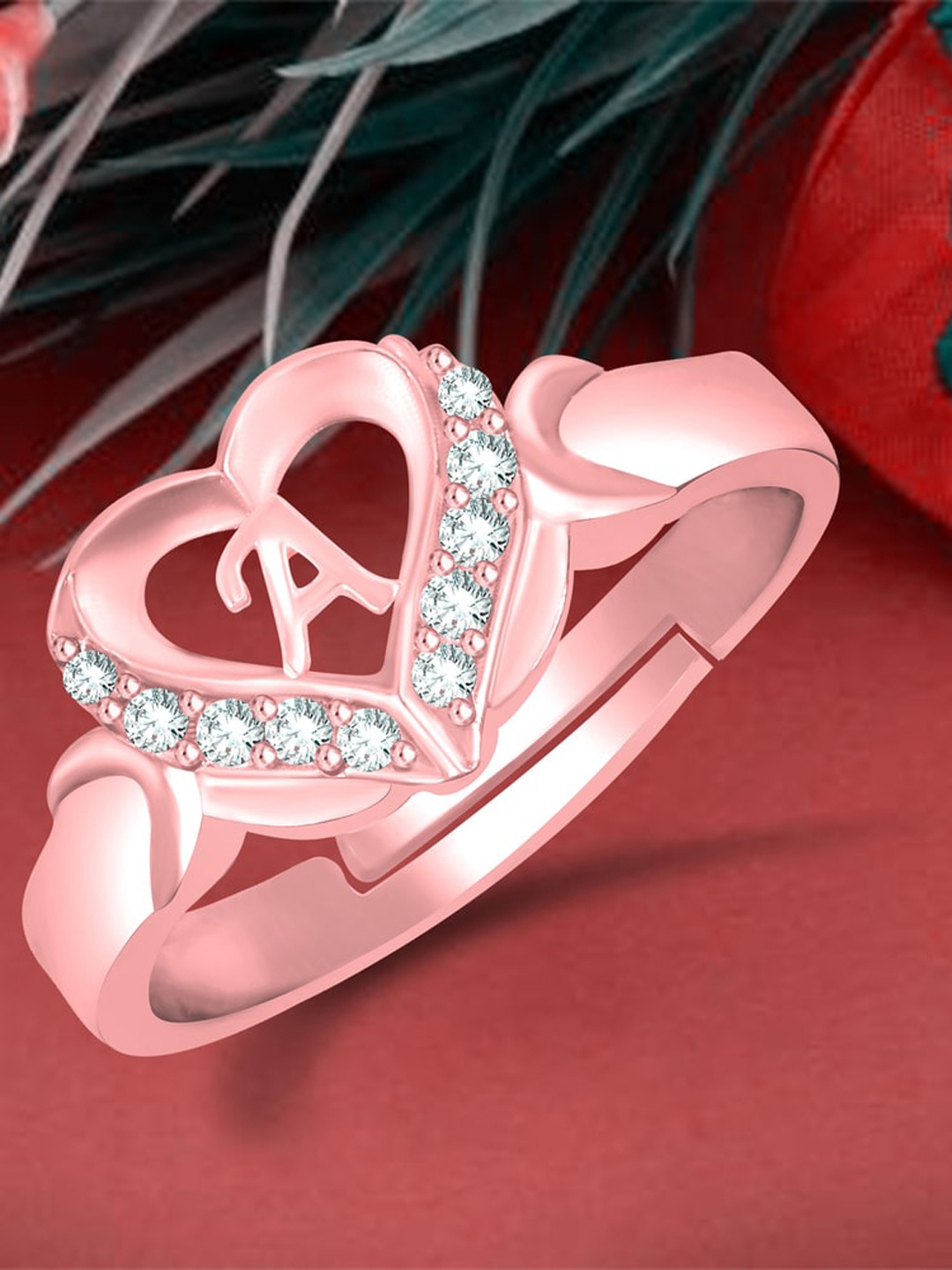 

MEENAZ Rose Gold-Plated AD Studded Alphabet A Adjustable Ring