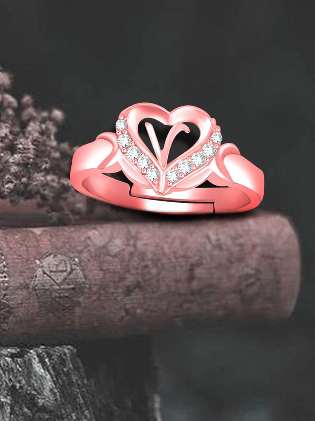 

MEENAZ Rose Gold-Plated AD Studded Alphabet V Adjustable Ring