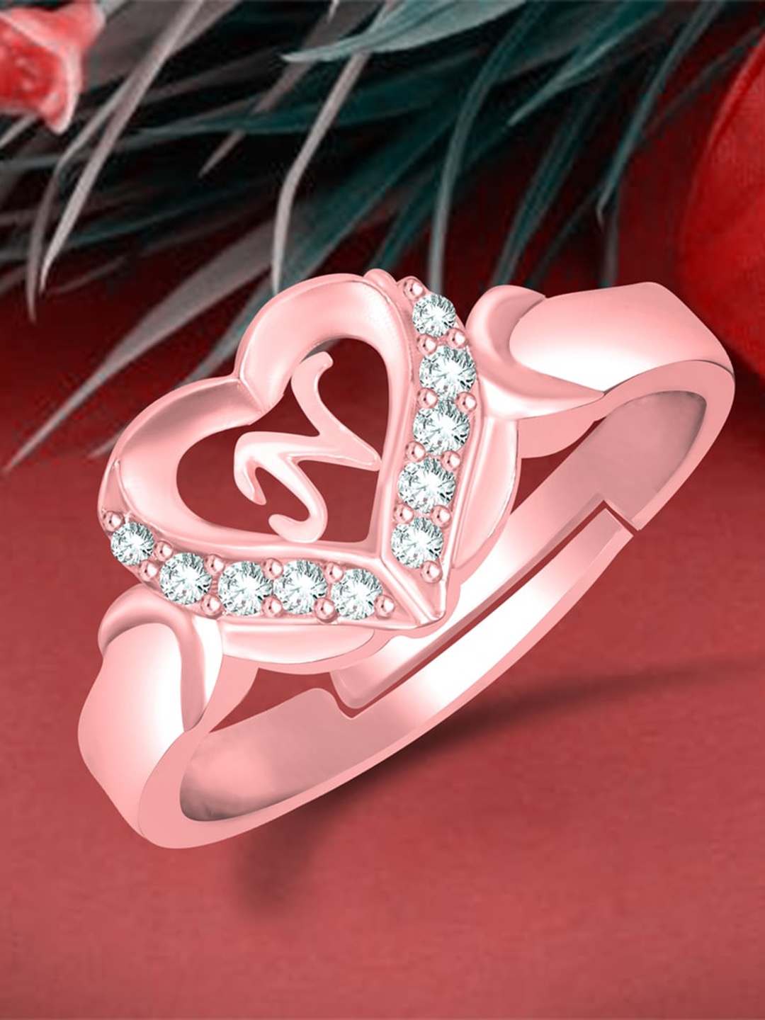 

MEENAZ Rose Gold-Plated AD Studded Alphabet N Adjustable Ring
