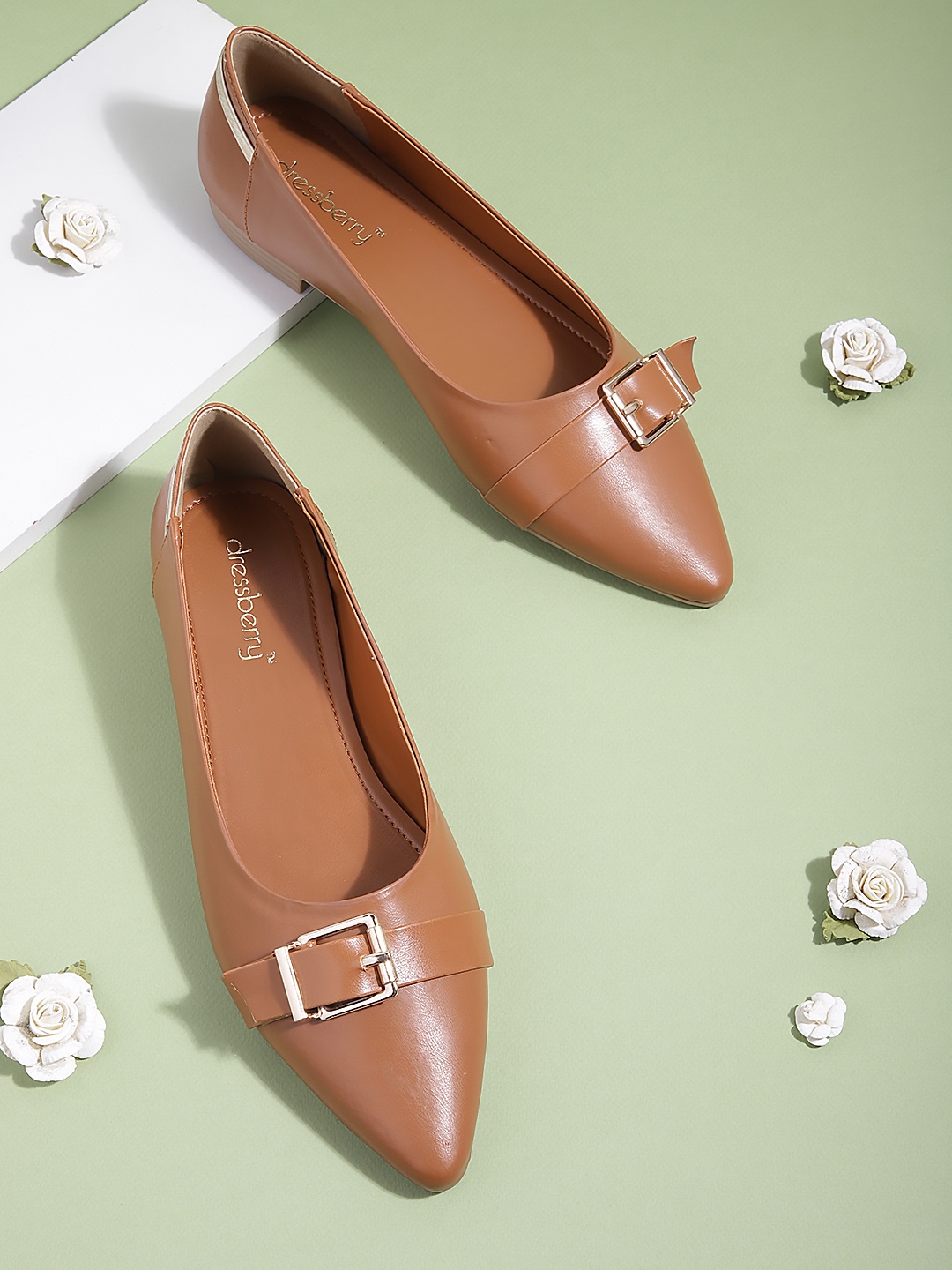 

DressBerry Women Pointed Toe Ballerinas With Buckle Detail, Tan