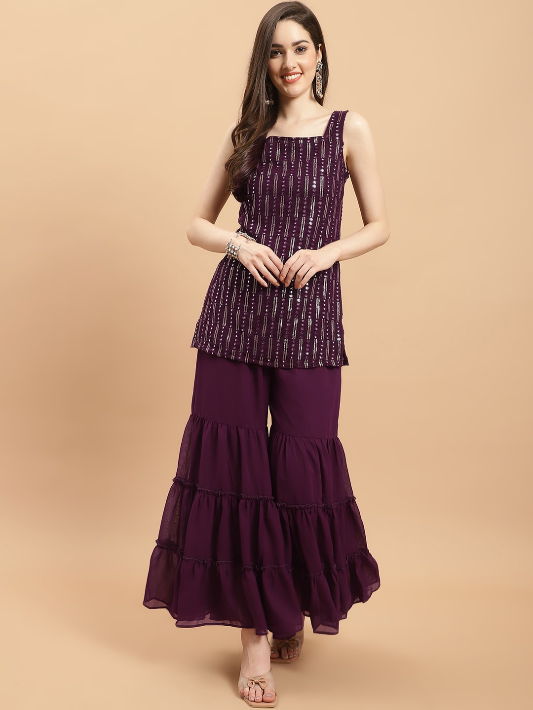 

Purple State Geometric Mirror Work Embroidered Sleeveless Kurta With Sharara & Dupatta