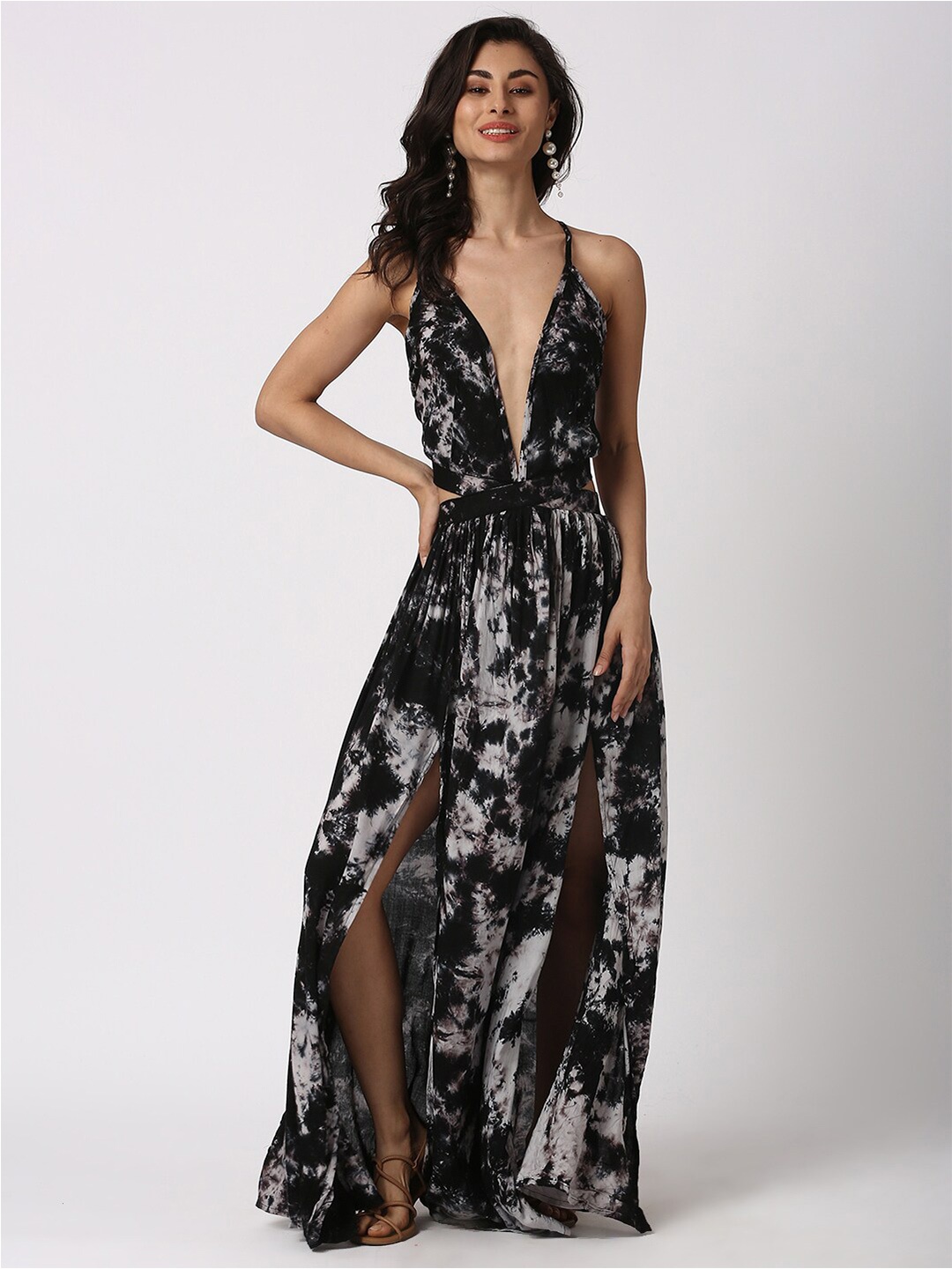 

KAMPHIRE Tie & Dye Dyed Cut -Out Detailed Shoulder Strap Maxi Dress, Black