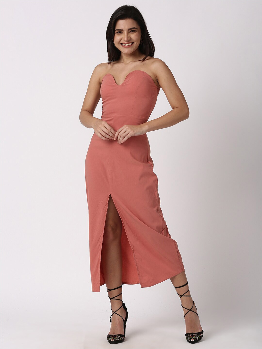 

KAMPHIRE Sweetheart Neck Front Slit Maxi Dress, Rust