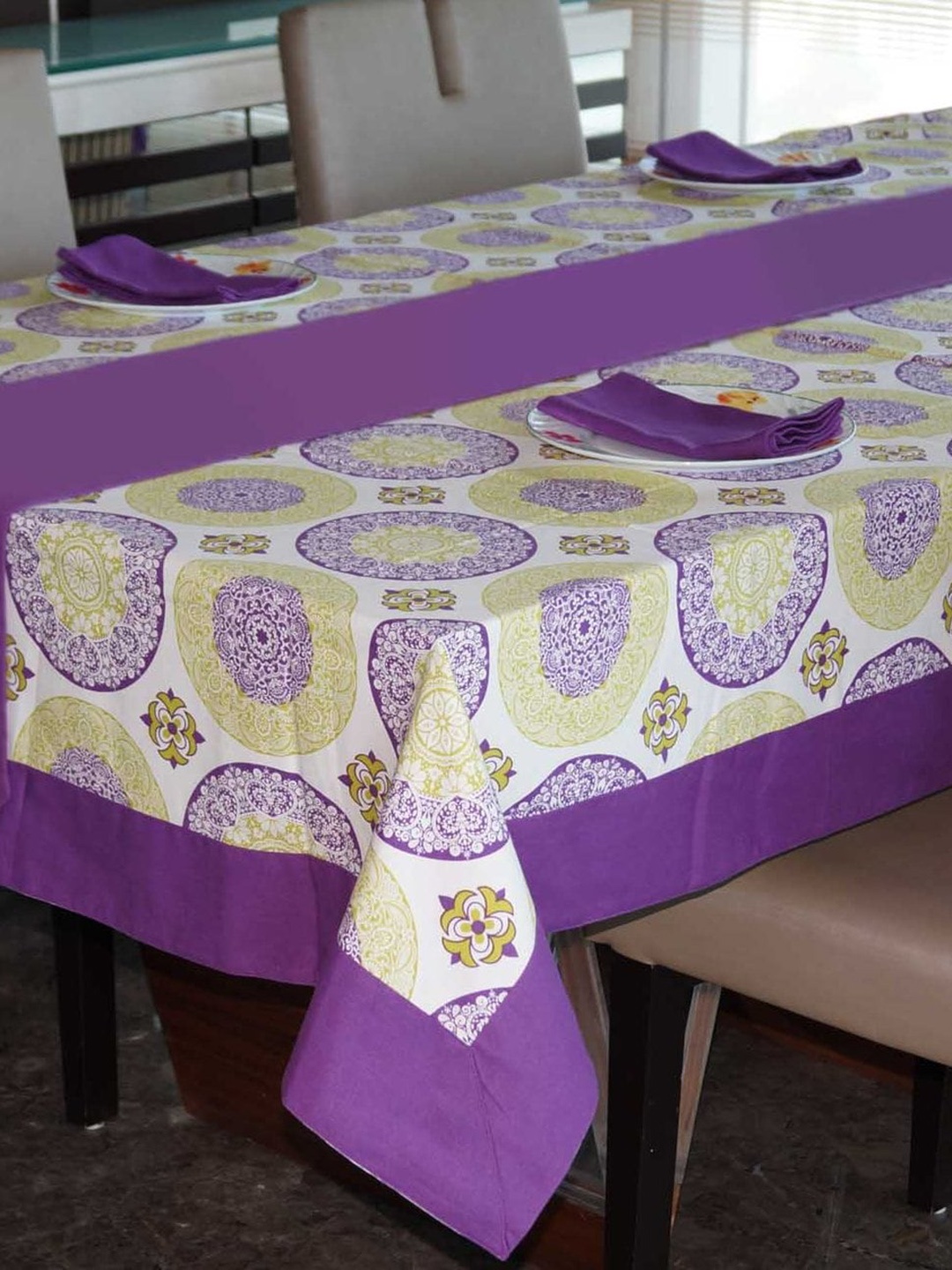 

Lushomes Purple & Yellow 8 Pieces Floral Printed 6 Seater Cotton Table Linen Set