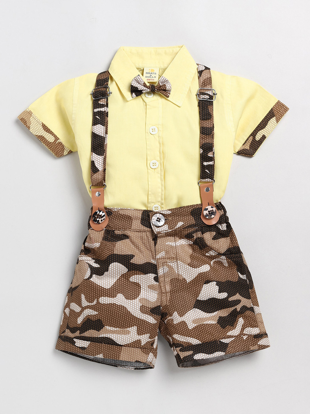 

BRATS AND DOLLS Boys Camouflage Printed Cotton Dungarees With Short Sleeved Shirt, Brown