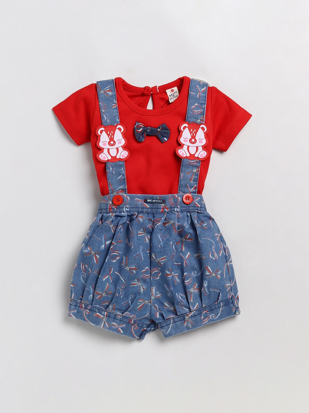 

BRATS AND DOLLS Infant Girls Pure Cotton Printed Dungarees with T-Shirt, Red