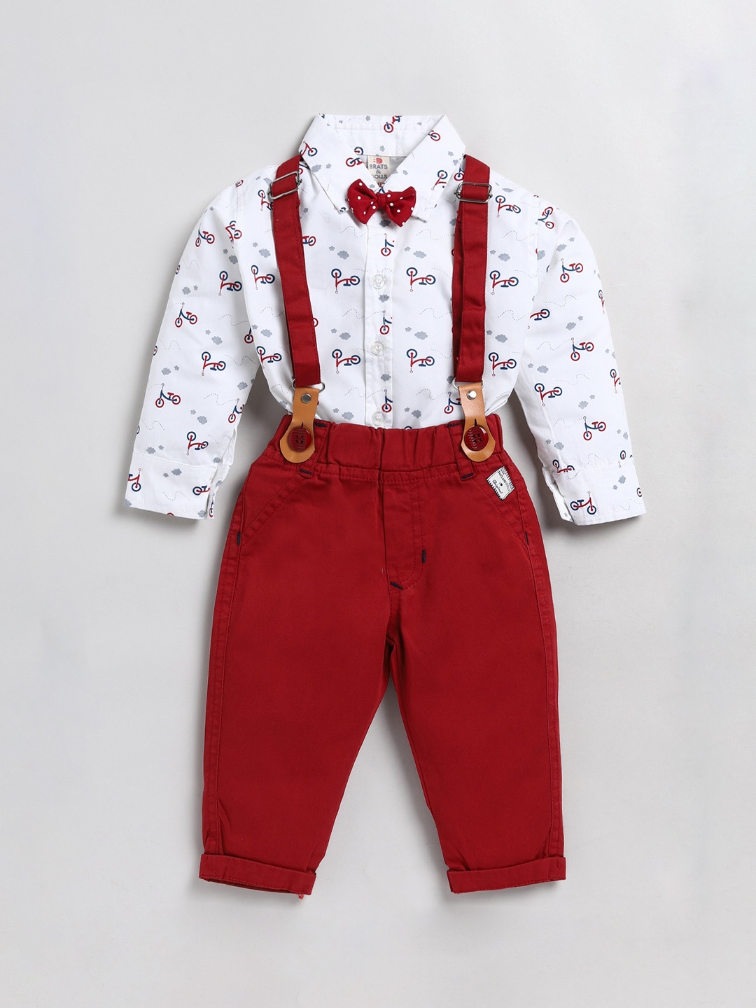 

BRATS AND DOLLS Boys Pure Cotton Dungarees With Printed Shirt, Red