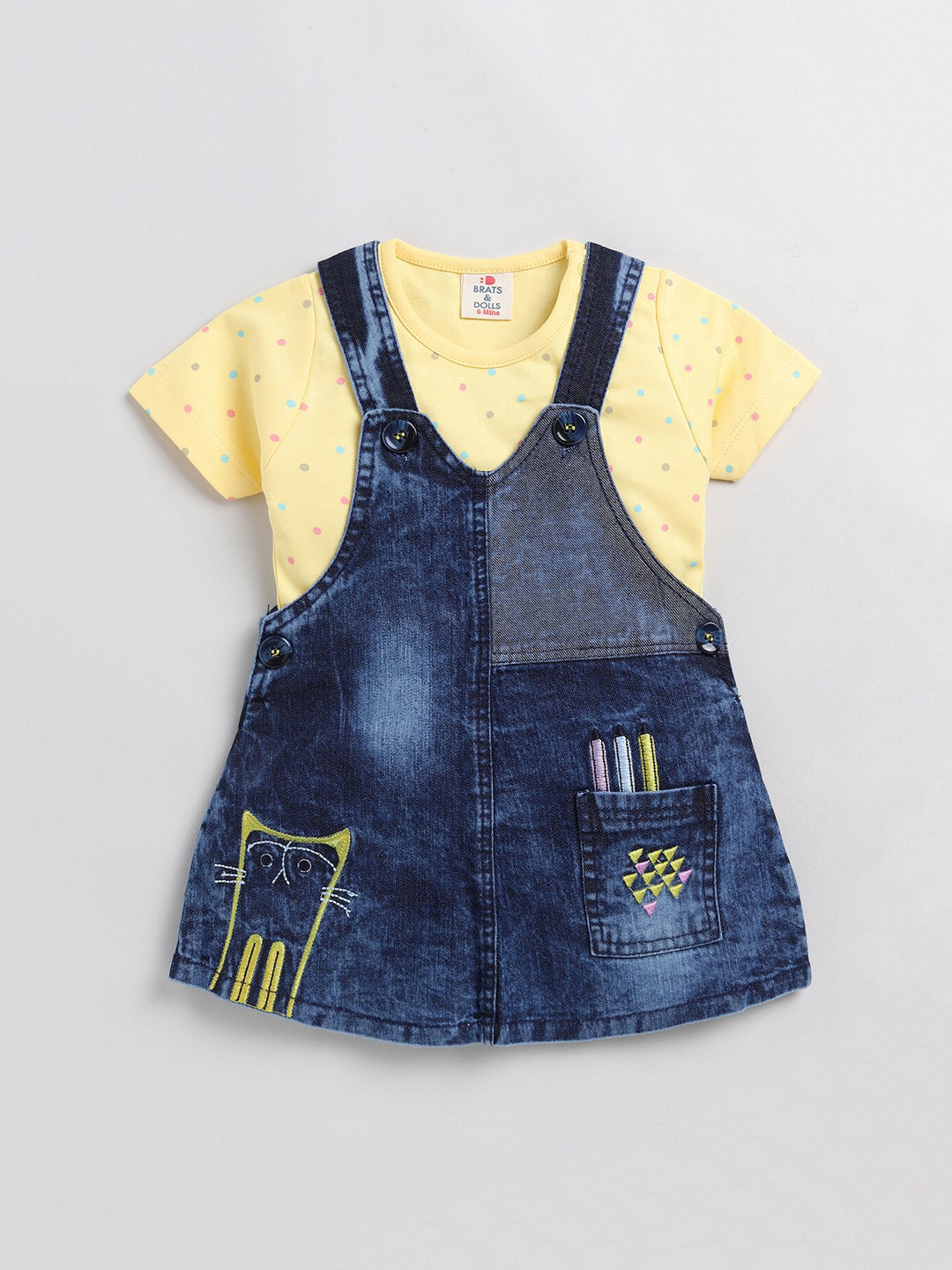 

BRATS AND DOLLS Girls Pure Cotton Dungarees With Printed T-Shirt, Yellow