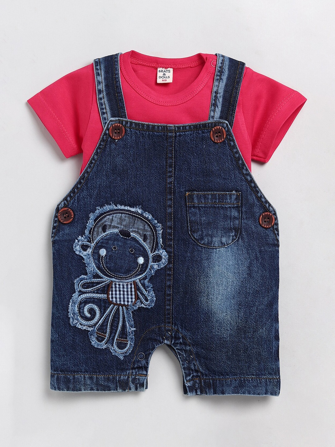 

BRATS AND DOLLS Infant Boys Embroidered Pure Cotton T-Shirt With Dungaree, Navy blue