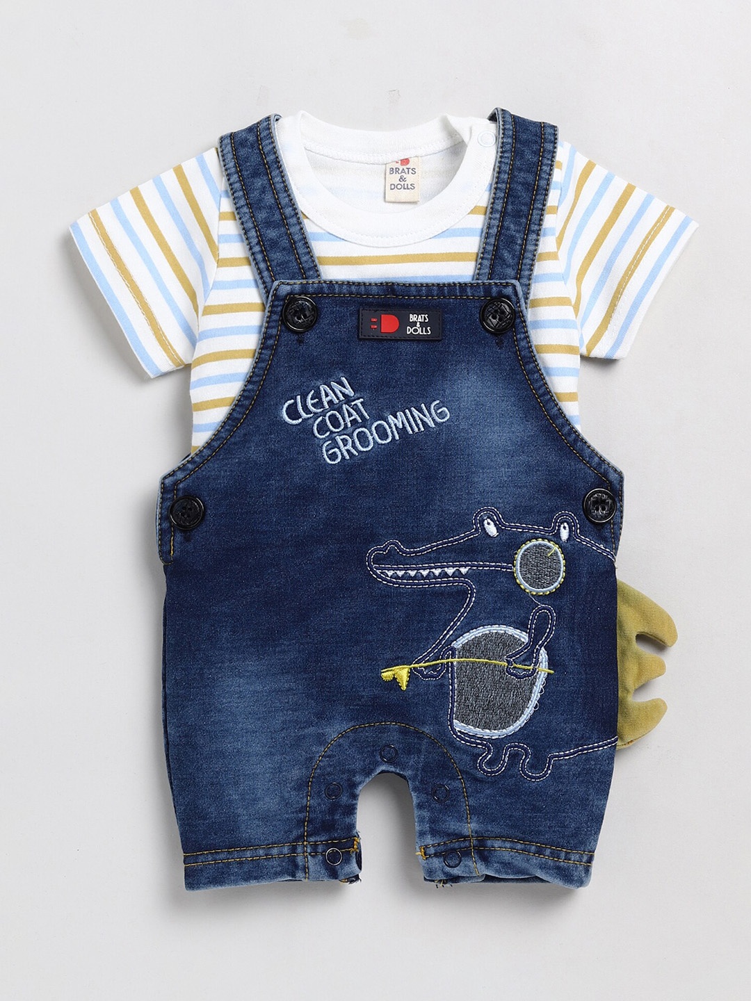 

BRATS AND DOLLS Infant Boys Printed Pure Cotton Dungarees With Round-Neck T-Shirt, Blue