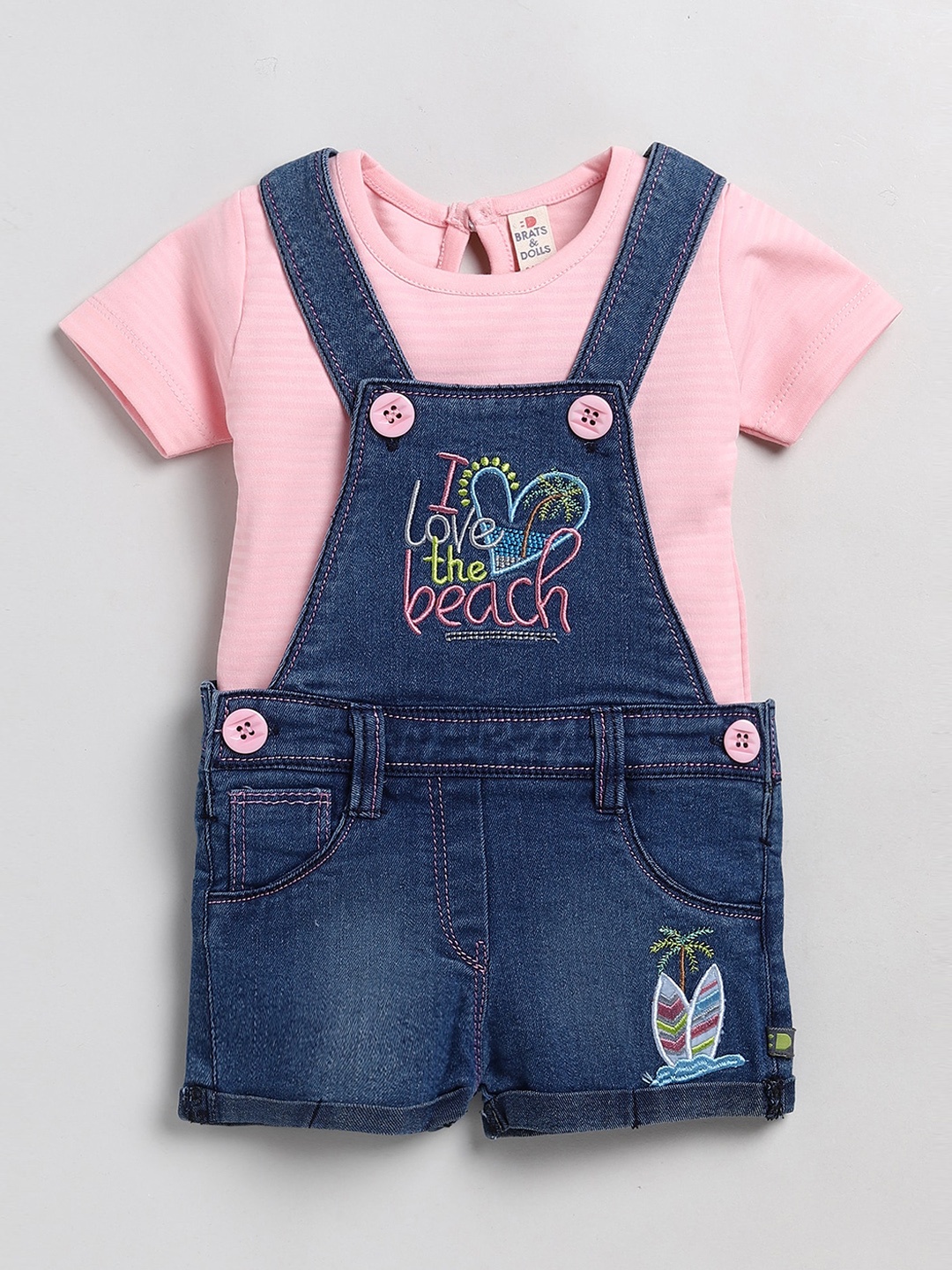 

BRATS AND DOLLS Infant Girls Pure Cotton Printed Dungarees With T-Shirt, Peach