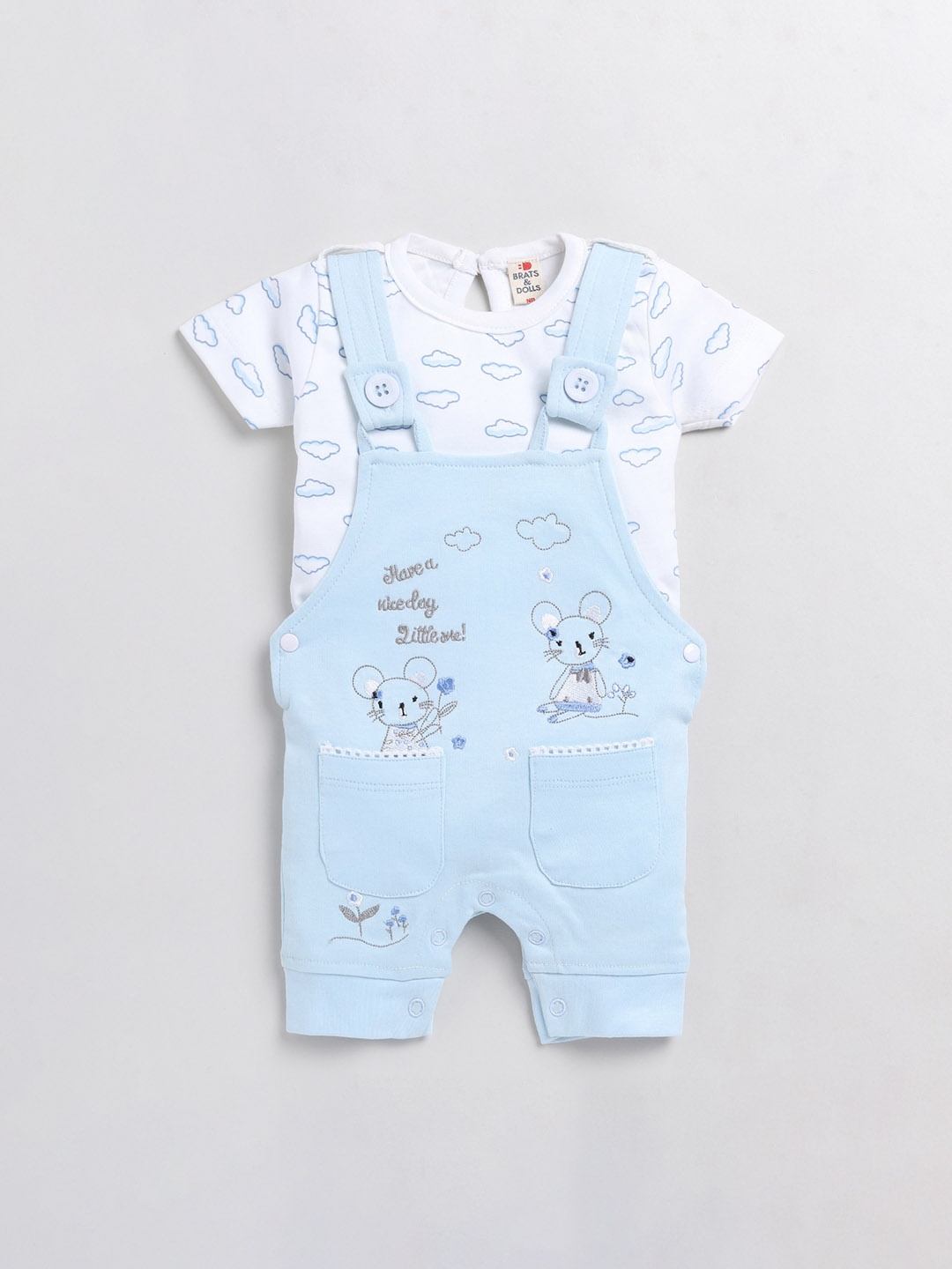 

BRATS AND DOLLS Infant Girls Embroidered Pure Cotton T-Shirt With Dungaree, Blue