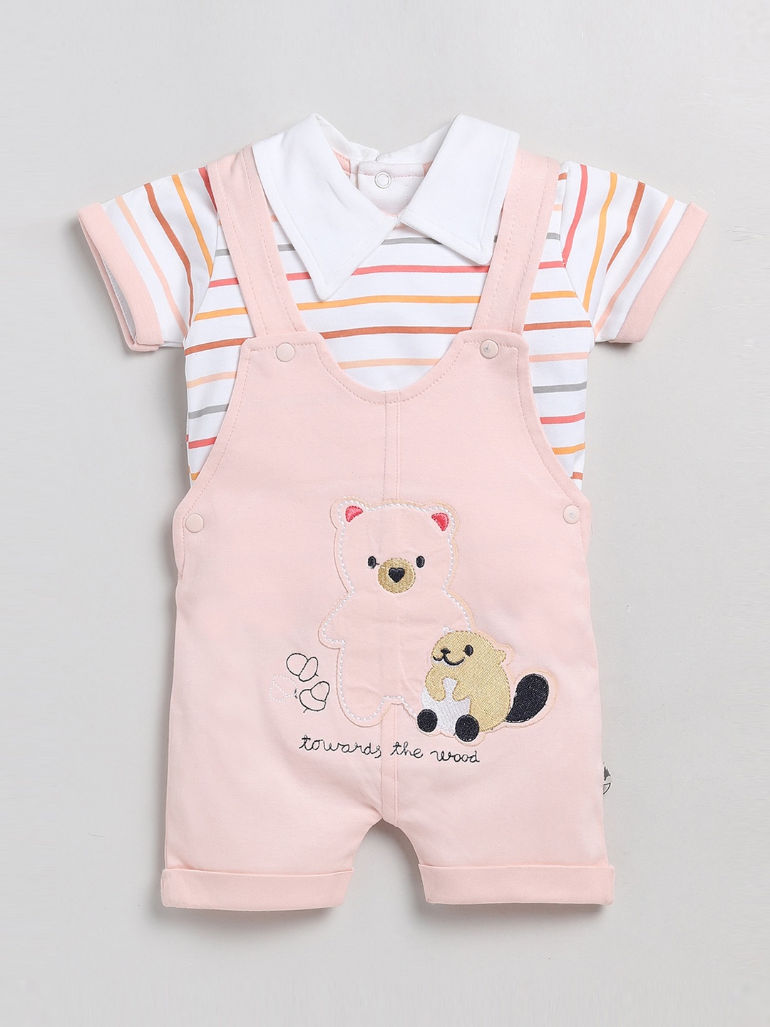 

BRATS AND DOLLS Infant Kids Printed Pure Cotton Dungarees With T-Shirt, Peach