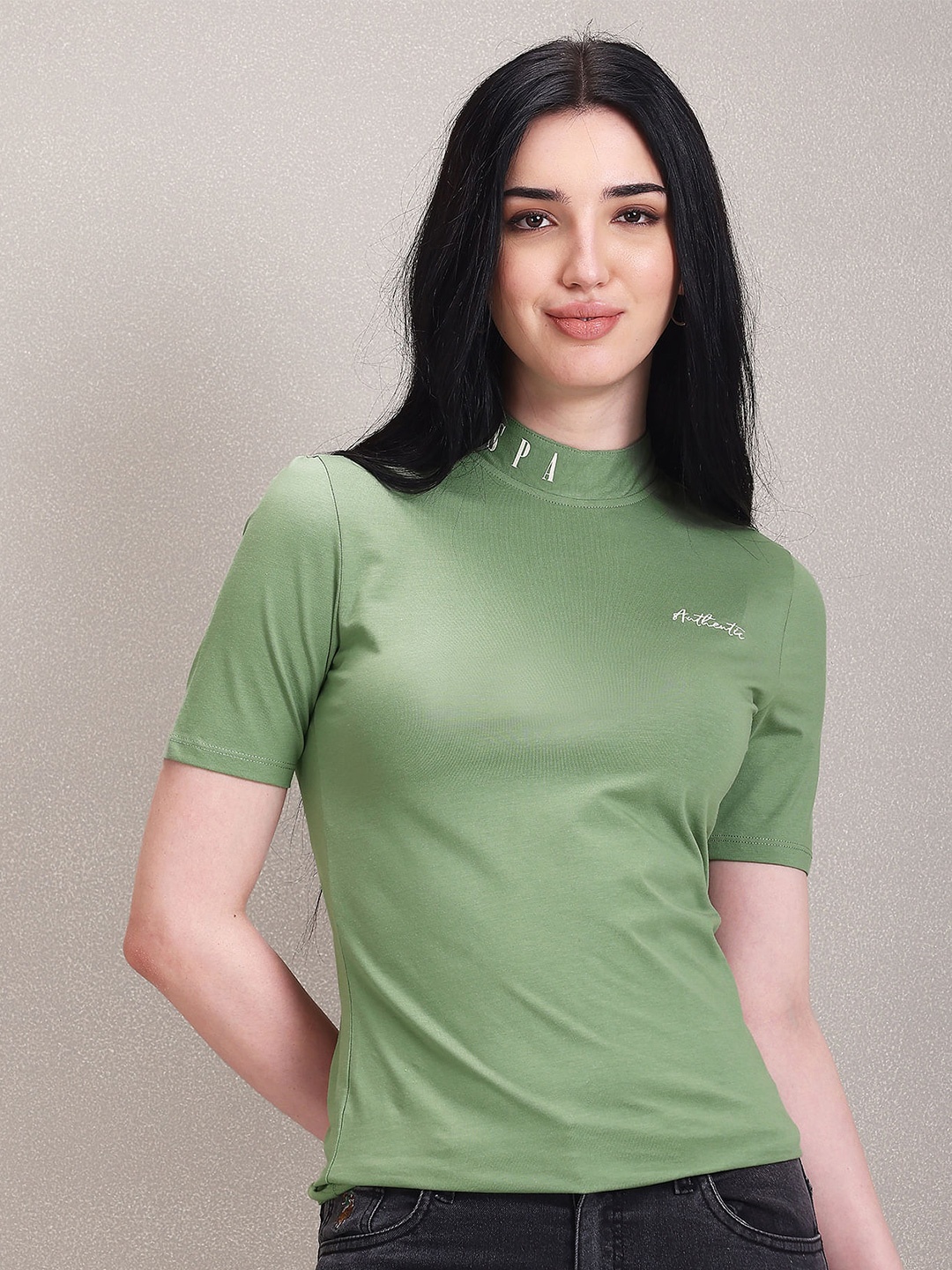 

U.S. Polo Assn. Women High Neck Cotton Top, Green