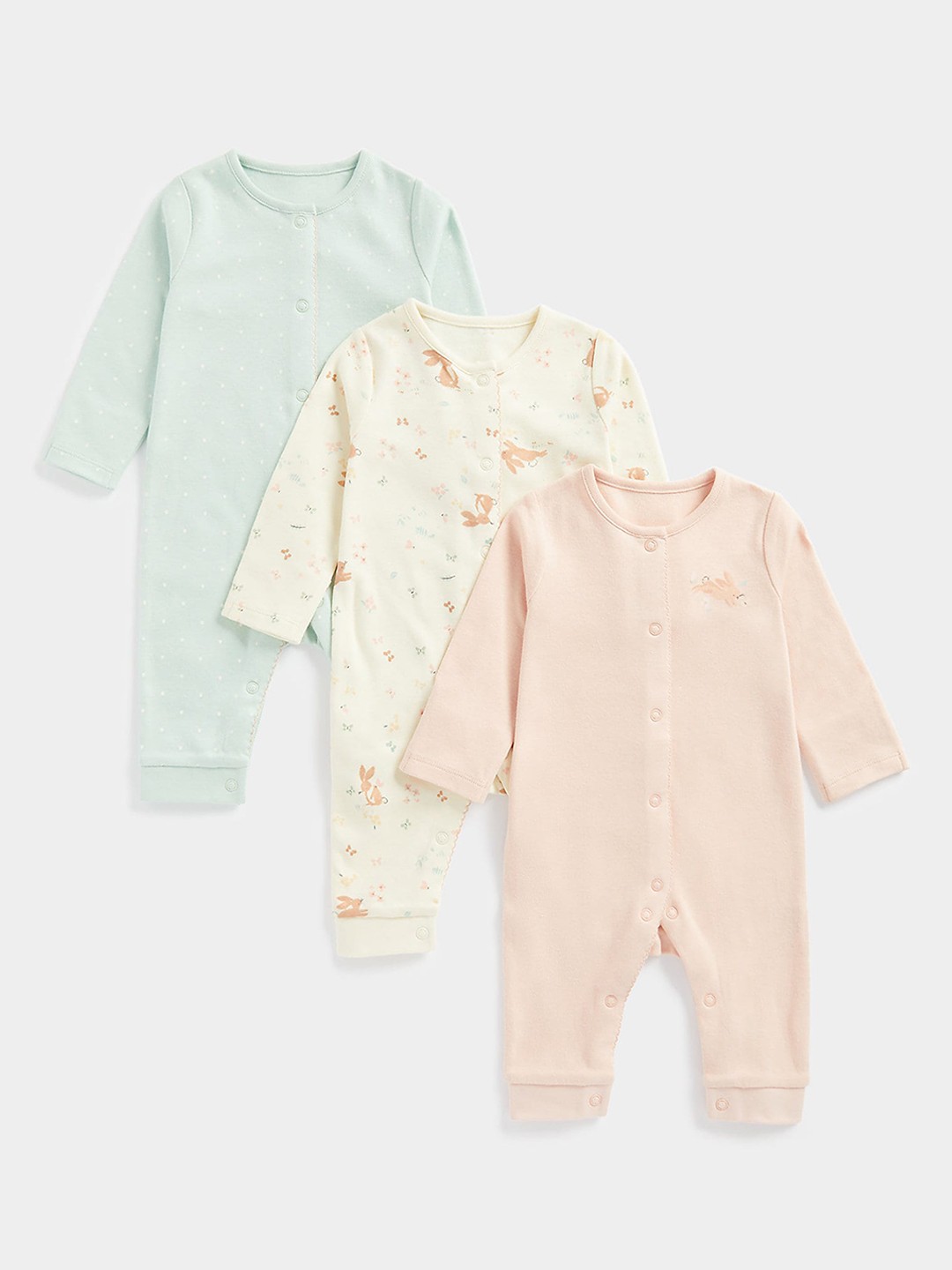 

mothercare Infants Pack Of 3 Printed Pure Cotton Sleepsuits, Multi