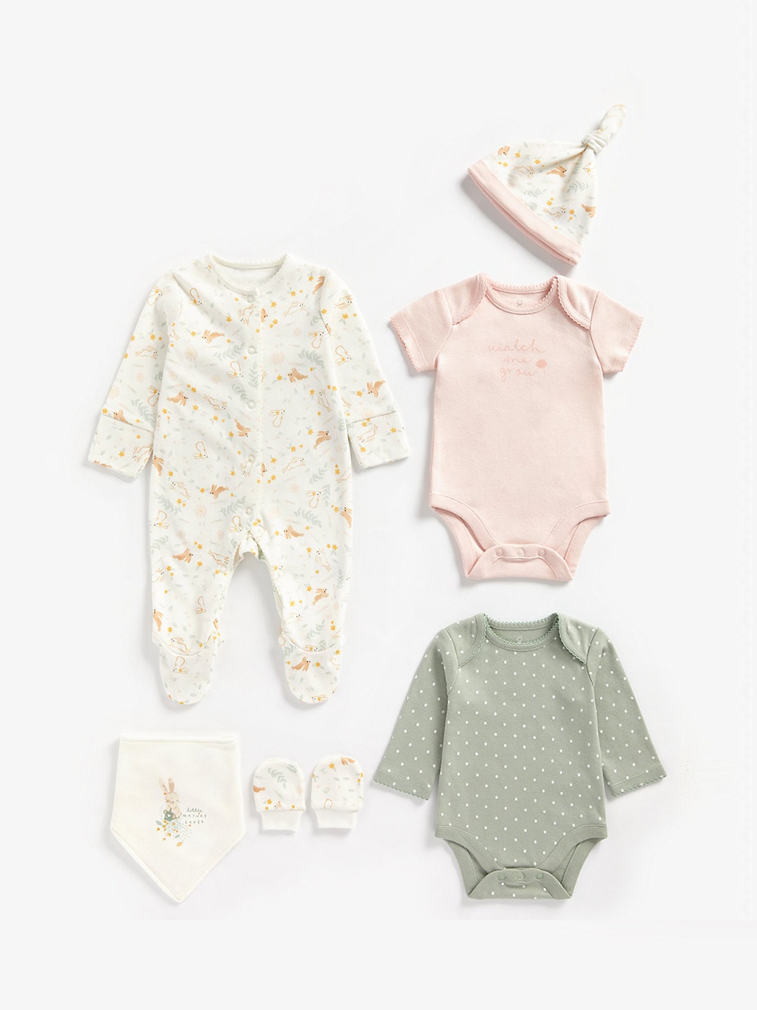 

mothercare Infant Girls 7 Pieces Printed Cotton Baby Apparel Gift Set, White