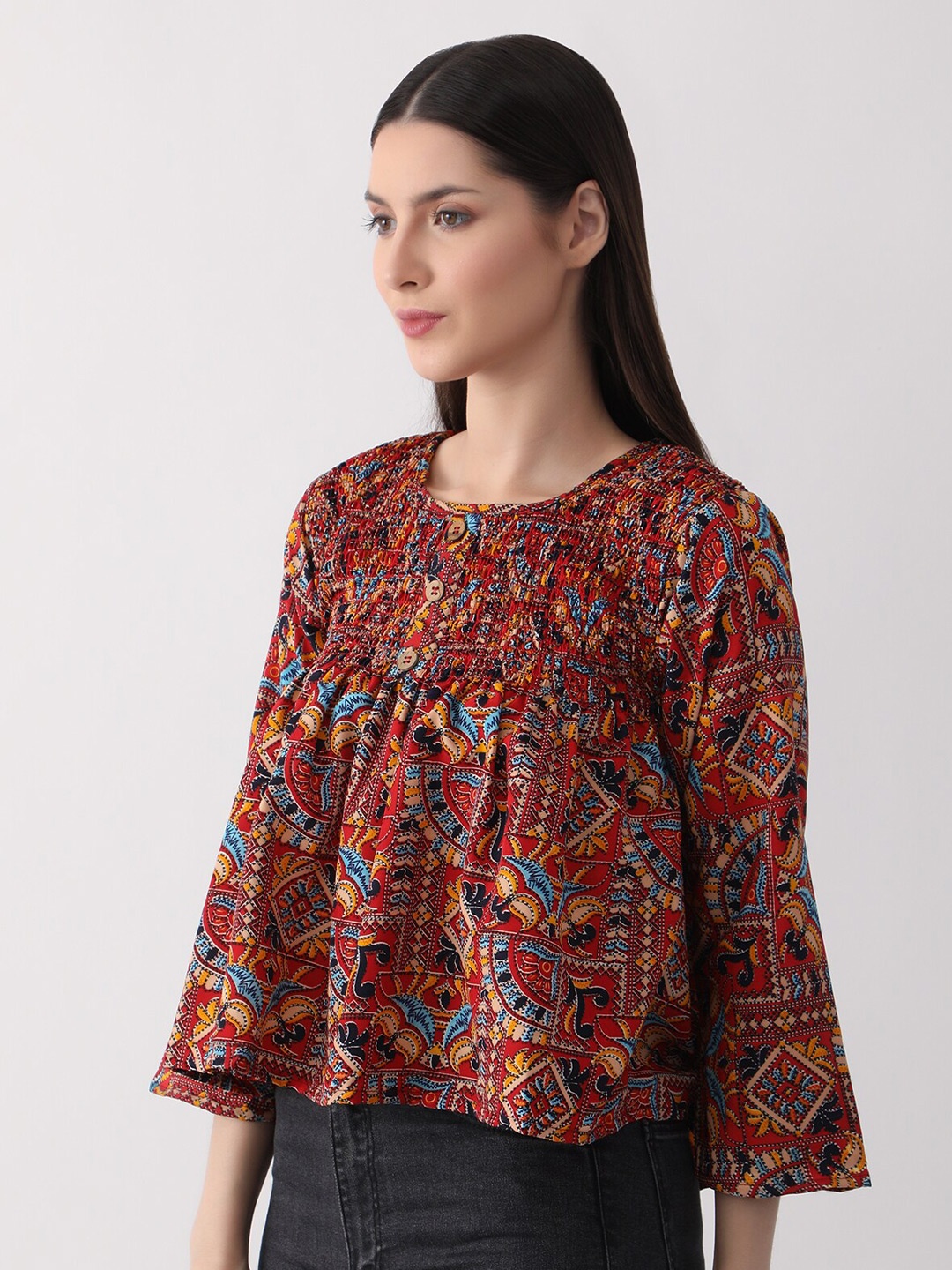 

DKGF FASHION Floral Printed Flared Slleeves A-Line Top, Maroon