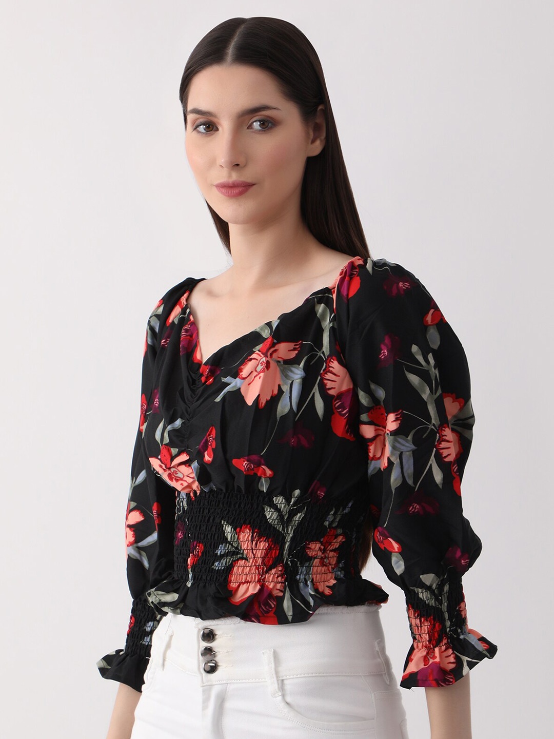 

DKGF FASHION Floral Printed Cuffed Sleeves Top, Black