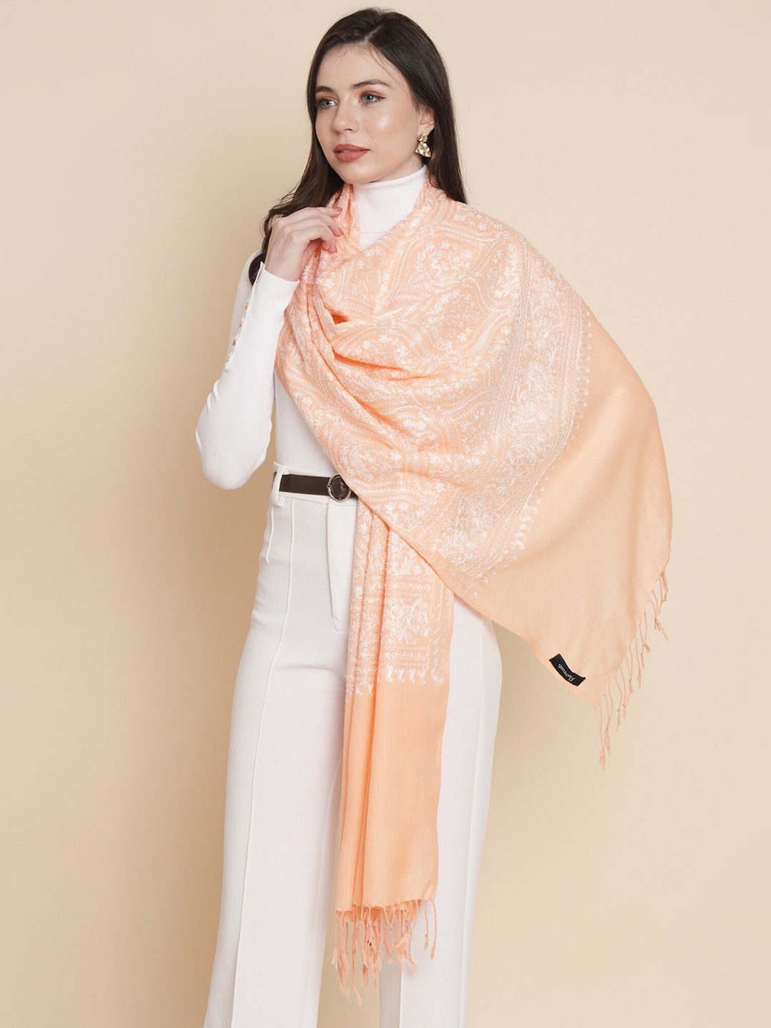 

Pashtush Ethnic Motif Embroidered Acrylic Stole, Peach