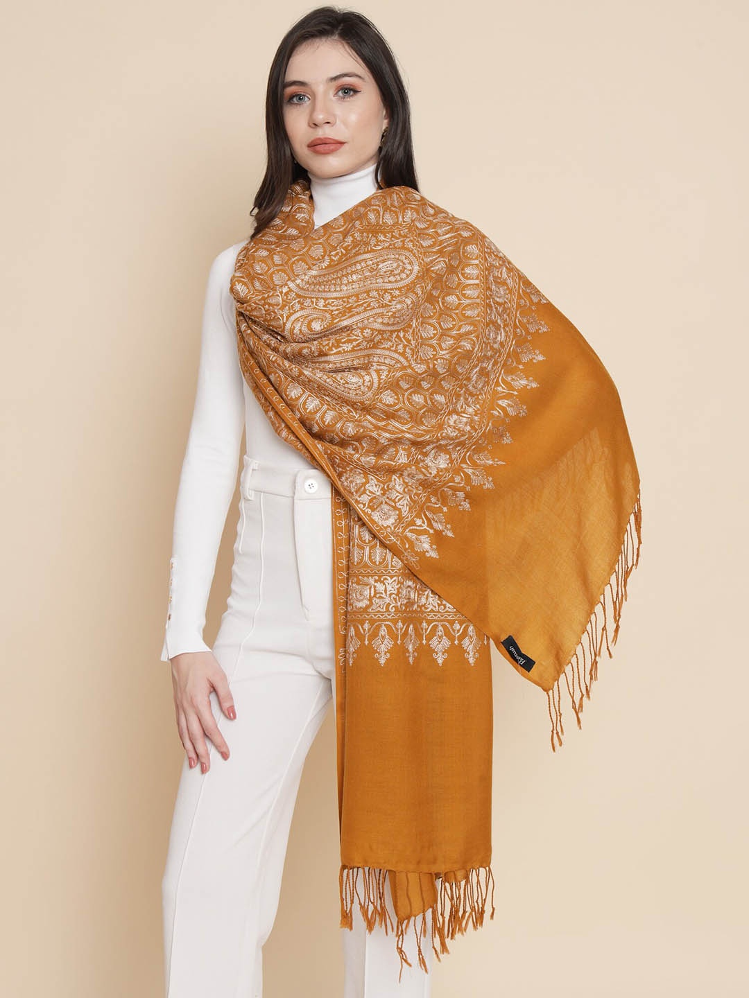 

Pashtush Paisley Embroidered Acrylic Stole, Mustard