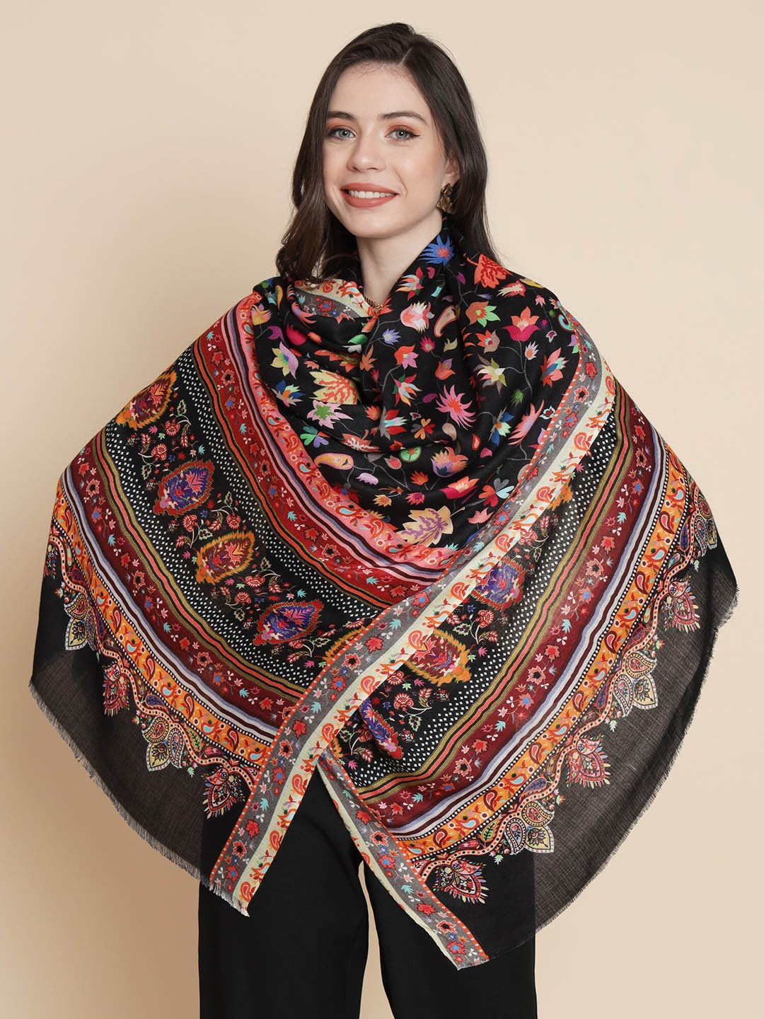 

Pashtush Floral Printed Modal Stole, Black