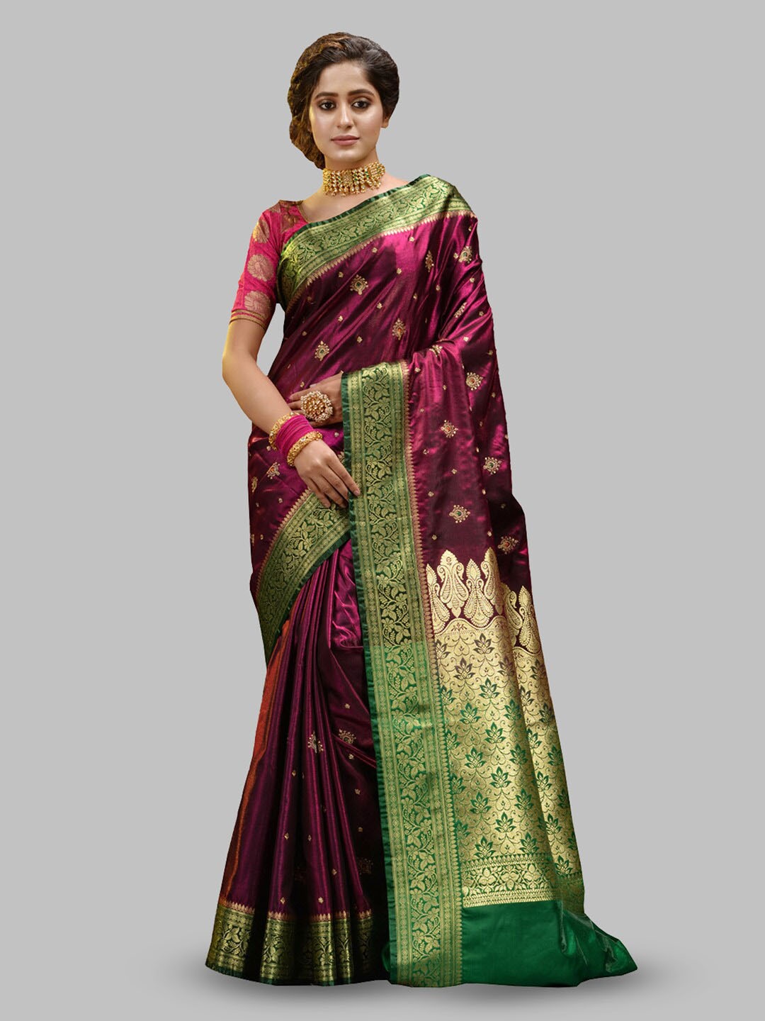 

HOUSE OF BEGUM Ethnic Motifs Woven Design Zari Handloom Banarasi Saree, Maroon