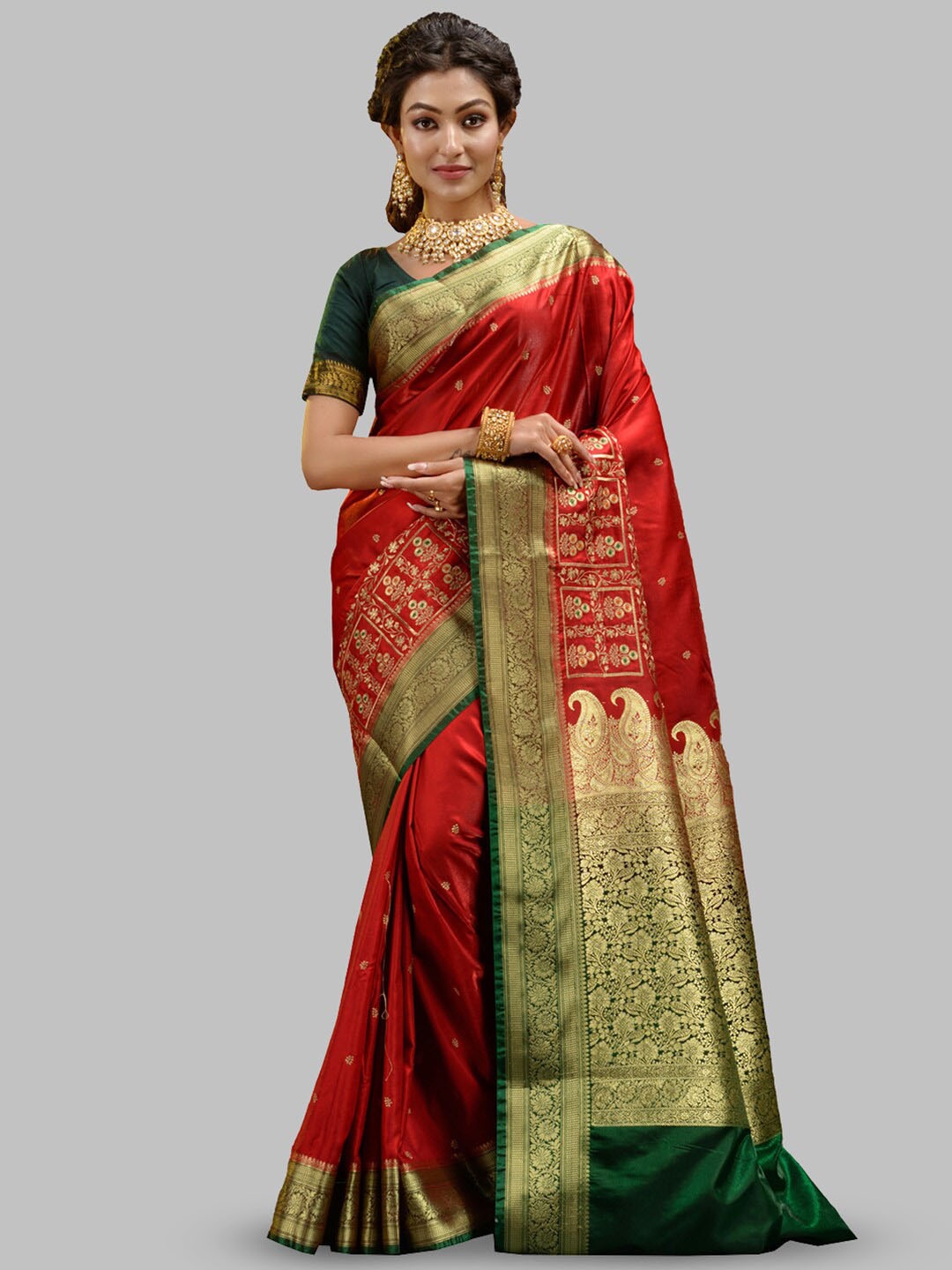 

HOUSE OF BEGUM Ethnic Motifs Woven Design Zari Handloom Banarasi Saree, Red