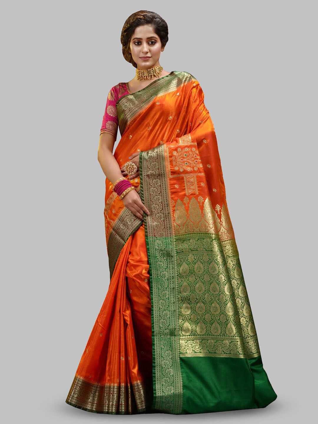 

HOUSE OF BEGUM Ethnic Motifs Woven Design Zari Handloom Banarasi Saree, Orange
