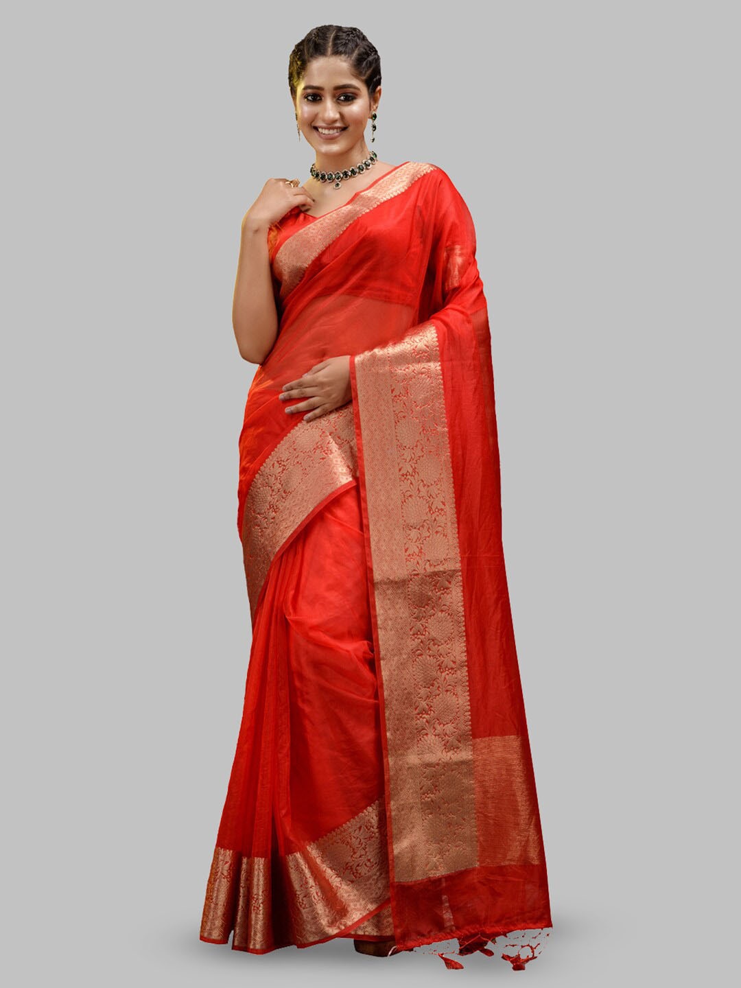 

HOUSE OF BEGUM Handloom Organza Banarasi Saree, Red