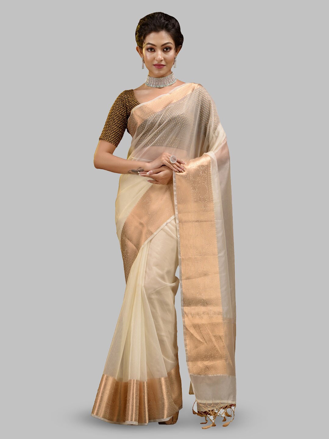 

HOUSE OF BEGUM Handloom Zari Organza Banarasi Saree, White