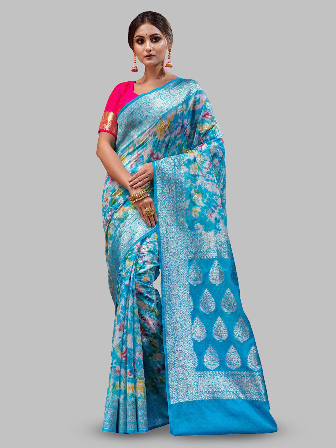 

HOUSE OF BEGUM Woven Design Zari Silk Blend Banarasi Saree, Blue