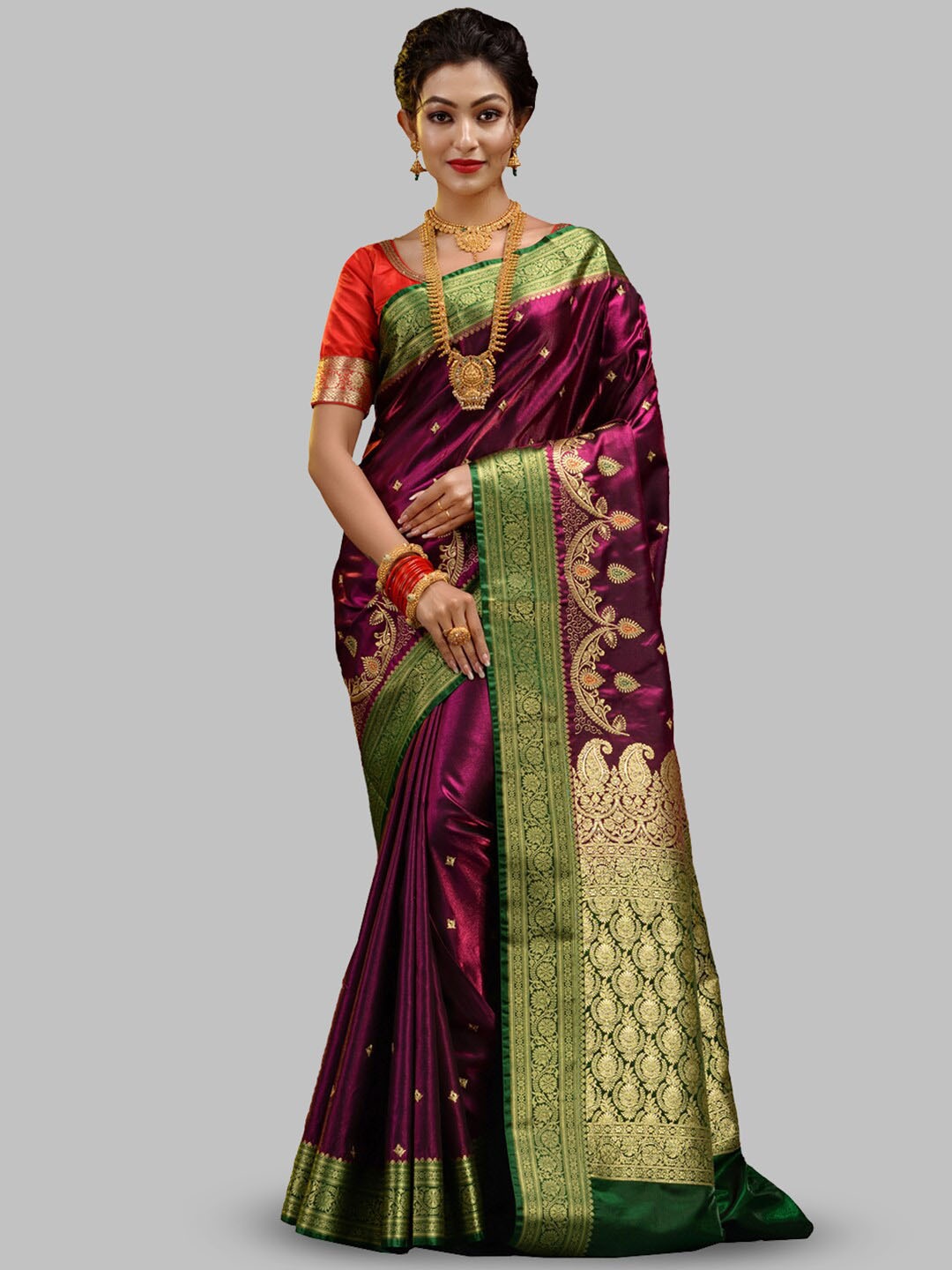 

HOUSE OF BEGUM Woven Design Zari Silk Blend Handloom Banarasi Saree, Maroon