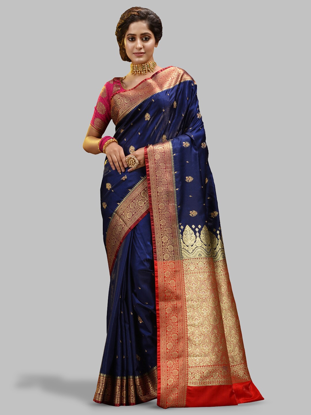 

HOUSE OF BEGUM Ethinc Motifs Woven Design Zari Handloom Banarasi Saree, Navy blue