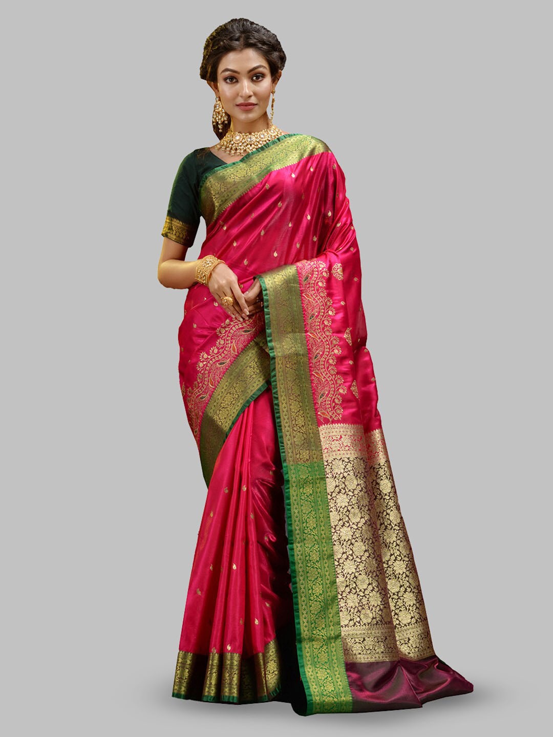 

HOUSE OF BEGUM Floral Woven Design Zari Handloom Banarasi Saree, Pink